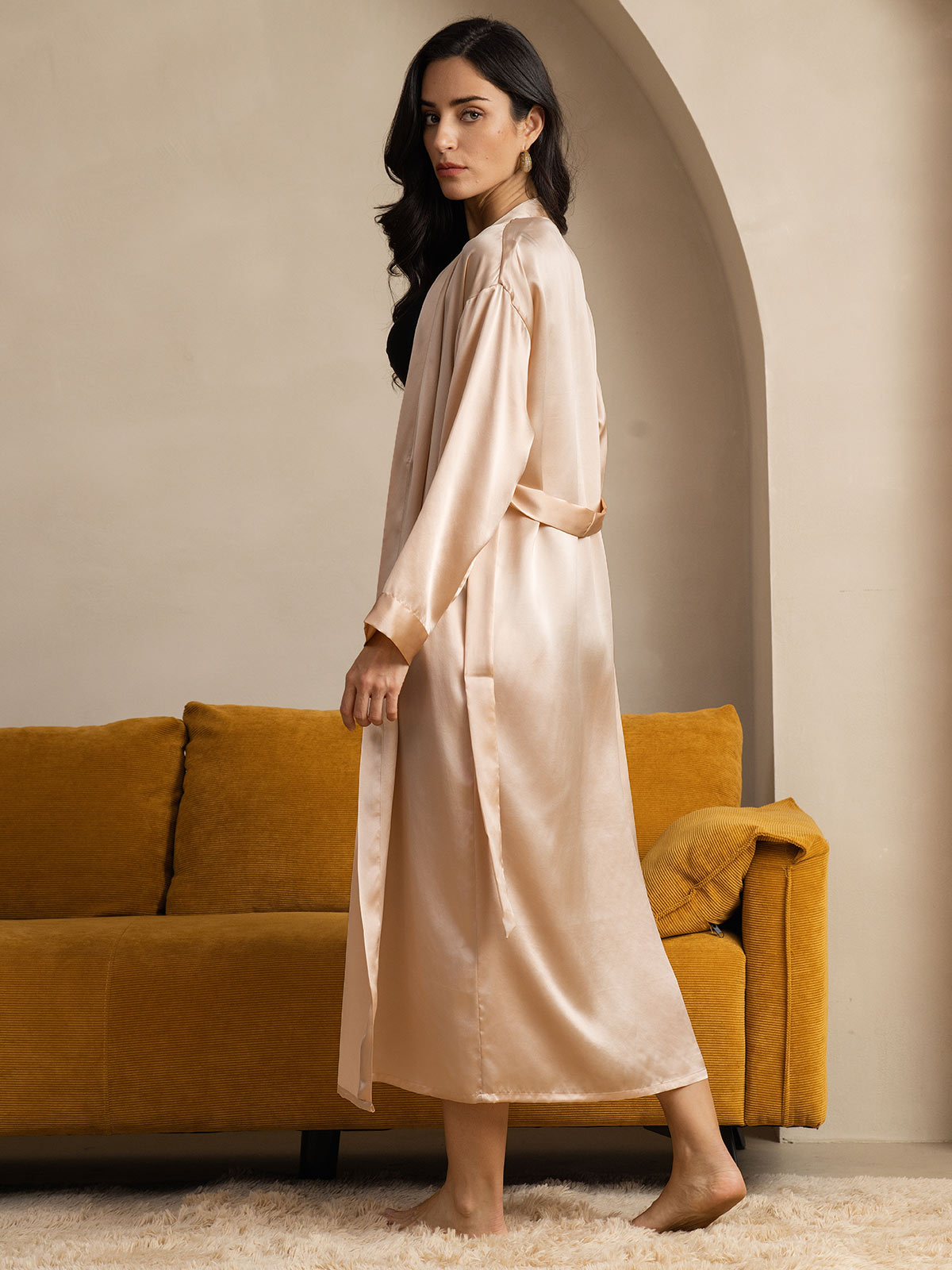 Women's Pure Silk Long Sleeve Midi Dressing Gown