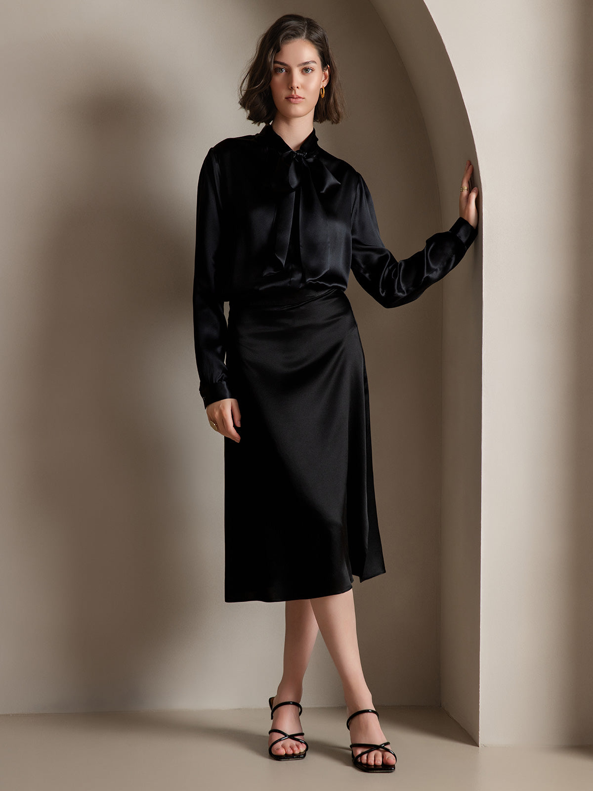 19Momme Silk Long Sleeve Tie Neck Blouse