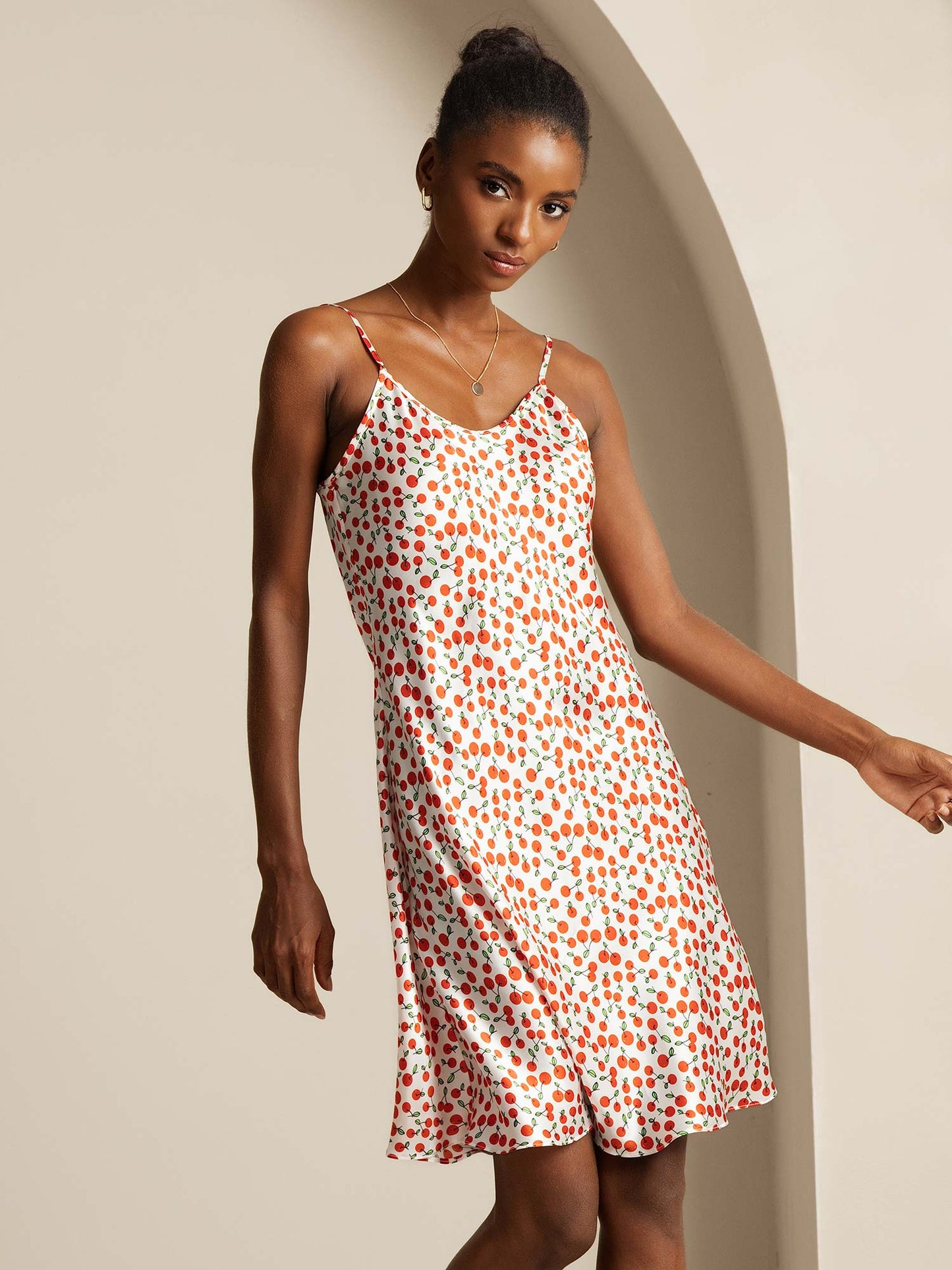 Silk Spaghetti Strap Cherry Print Short Dress