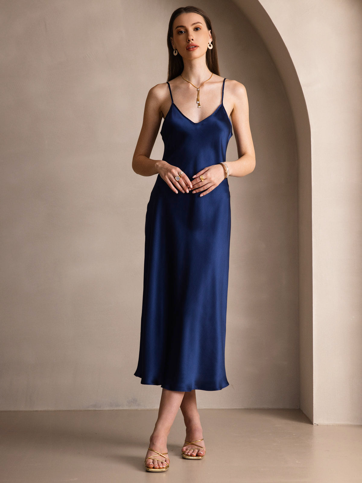 Pure Silk Spaghetti Strap V Neck Midi Dress
