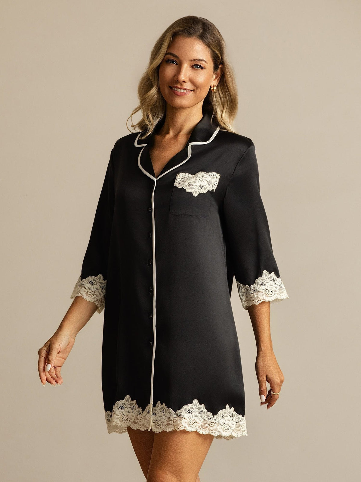 Pure Silk Button Up Nightshirt with Lace Design