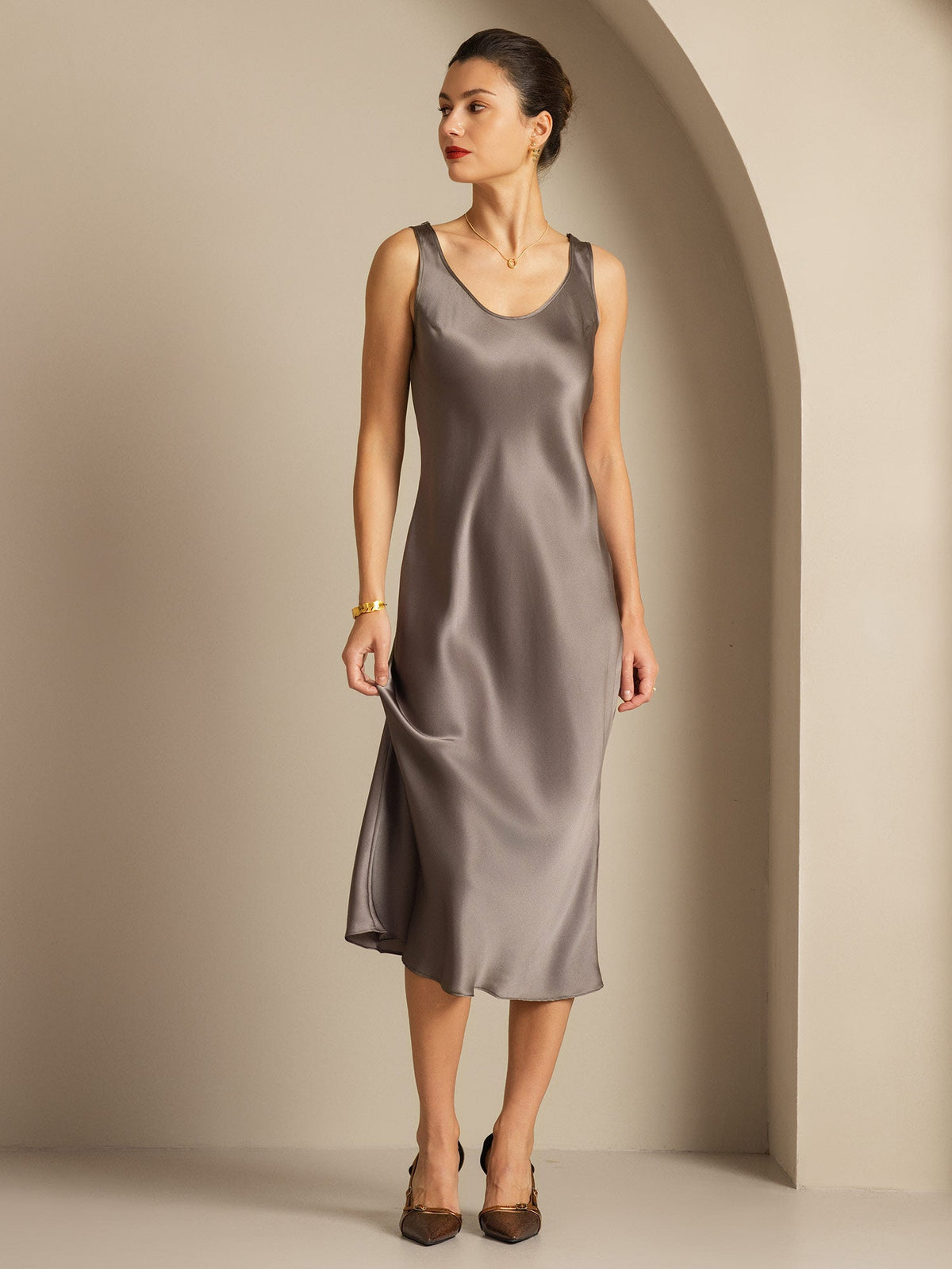 Pure Silk Sleeveless U Neck Midi Dress