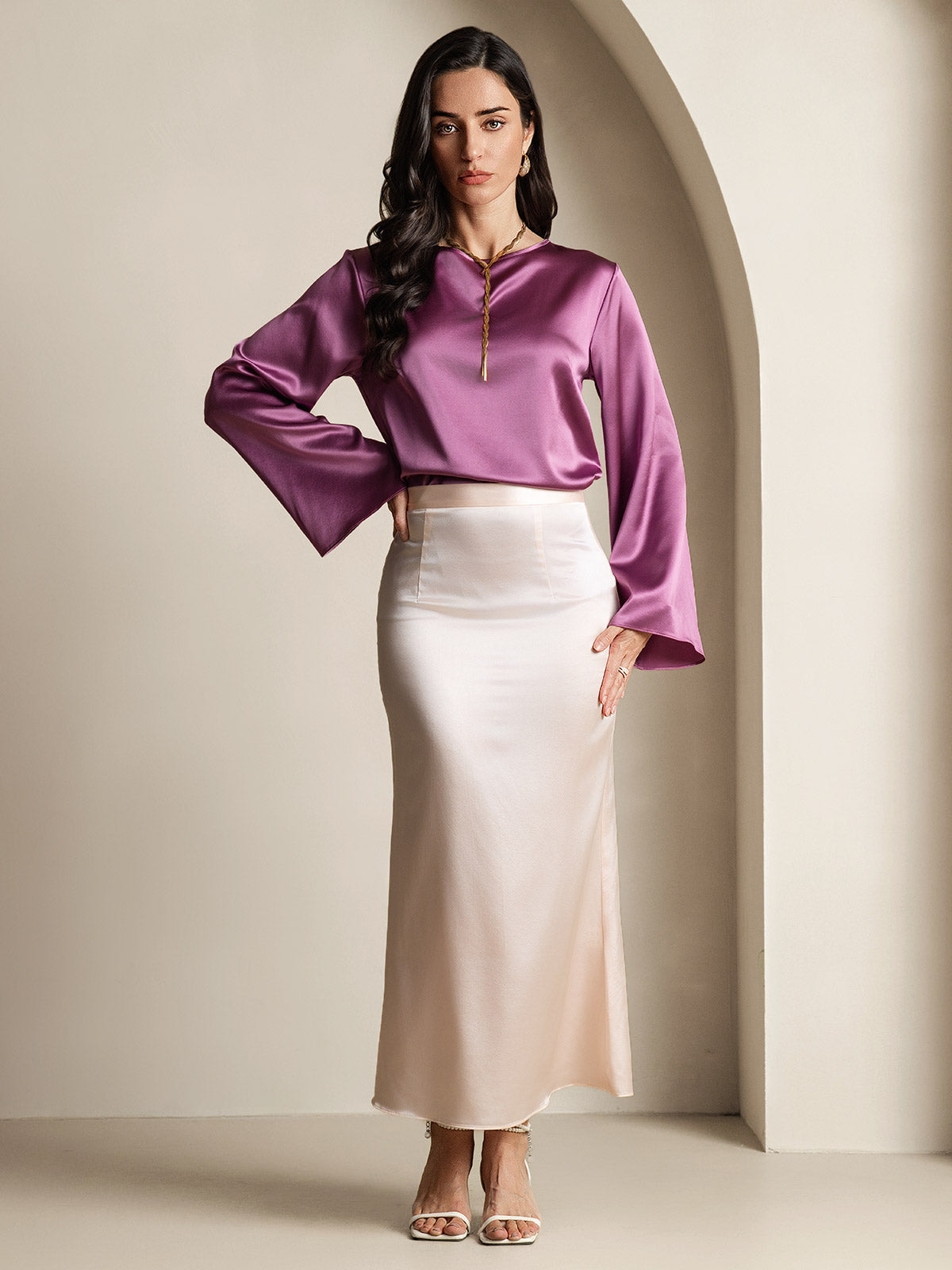 19Momme Silk Bell Sleeve Boat Neck Women's Top