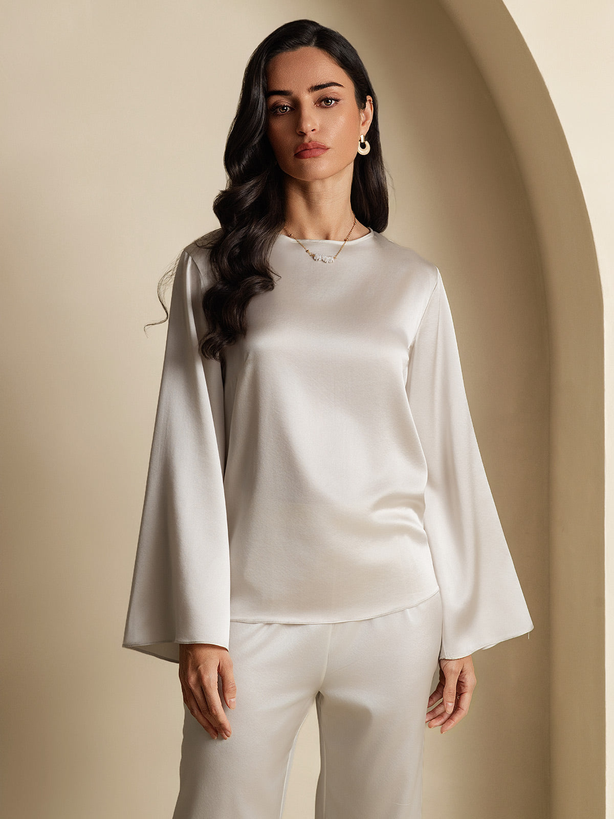 19Momme Silk Bell Sleeve Boat Neck Women's Top