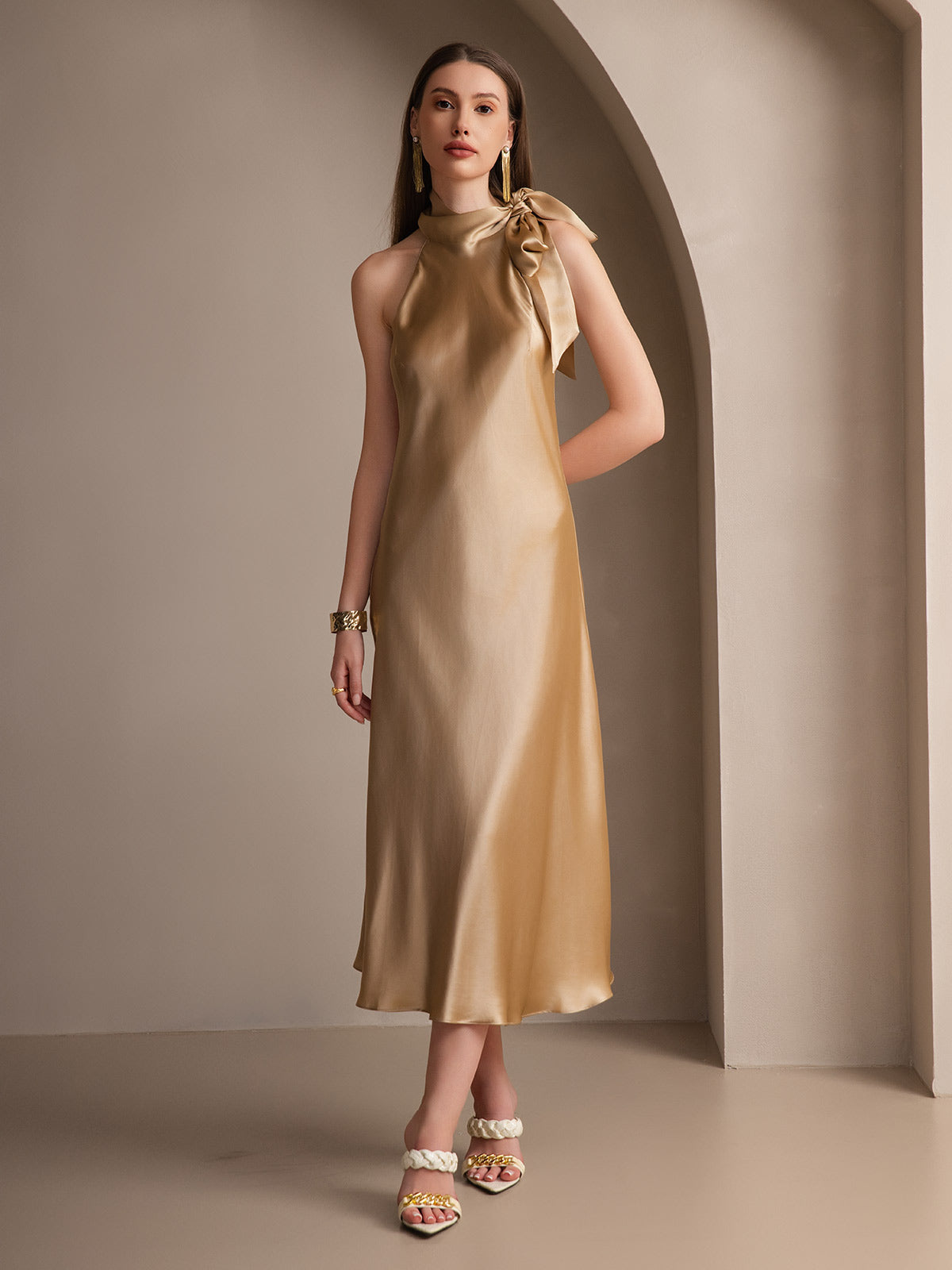 19Momme Silk Sleeveless Tie Neck Midi Dress