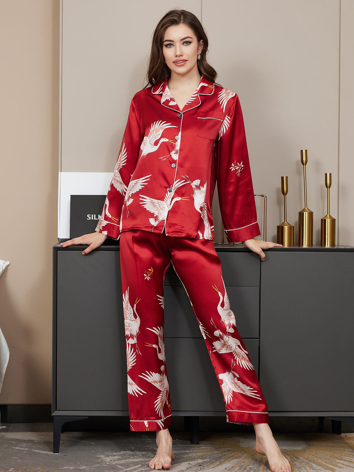 19Momme Pure Silk Crane Print Women's Long Sleeve Notch Collar Pyjamas Set