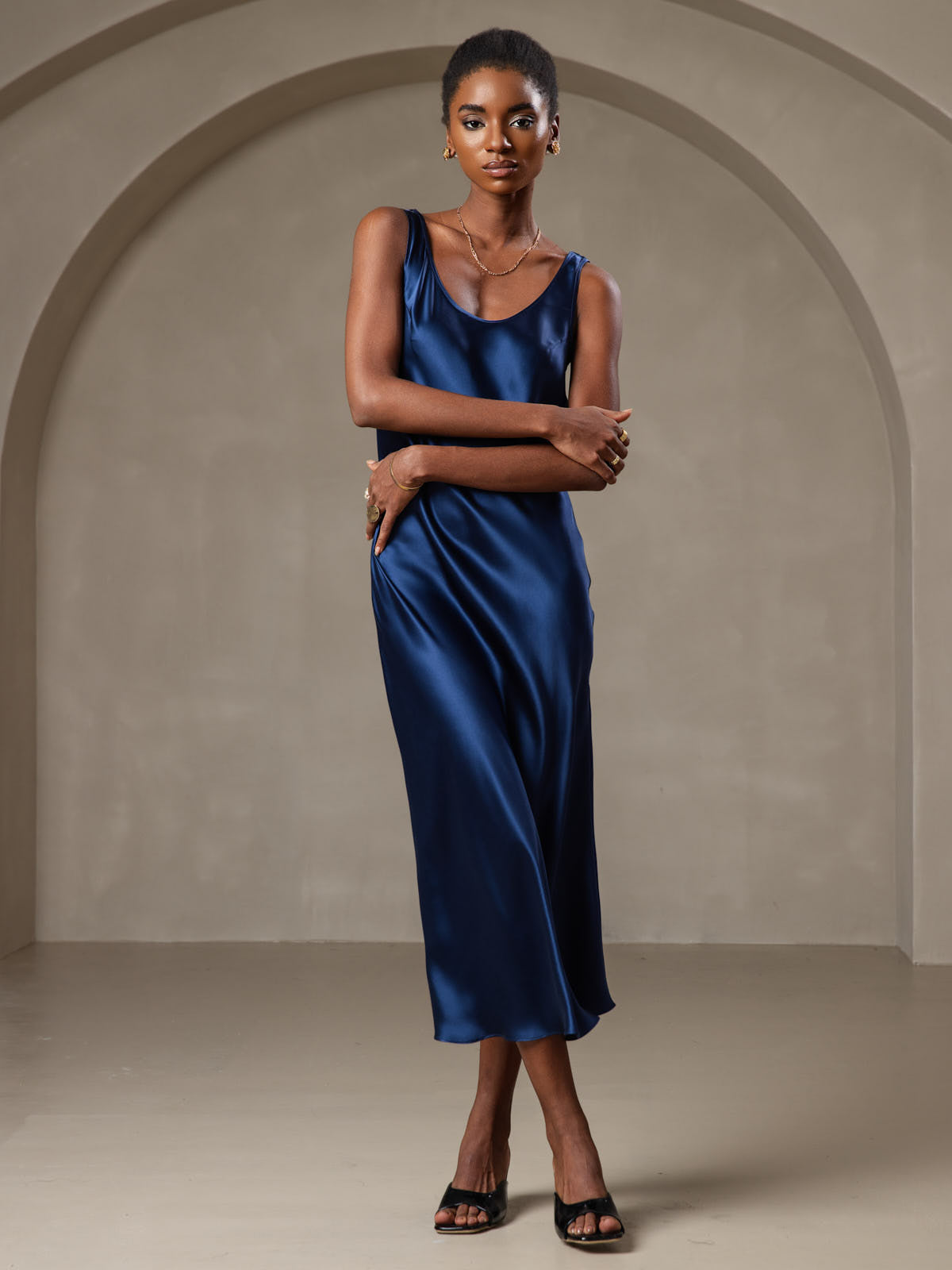 Pure Silk Sleeveless U Neck Midi Dress