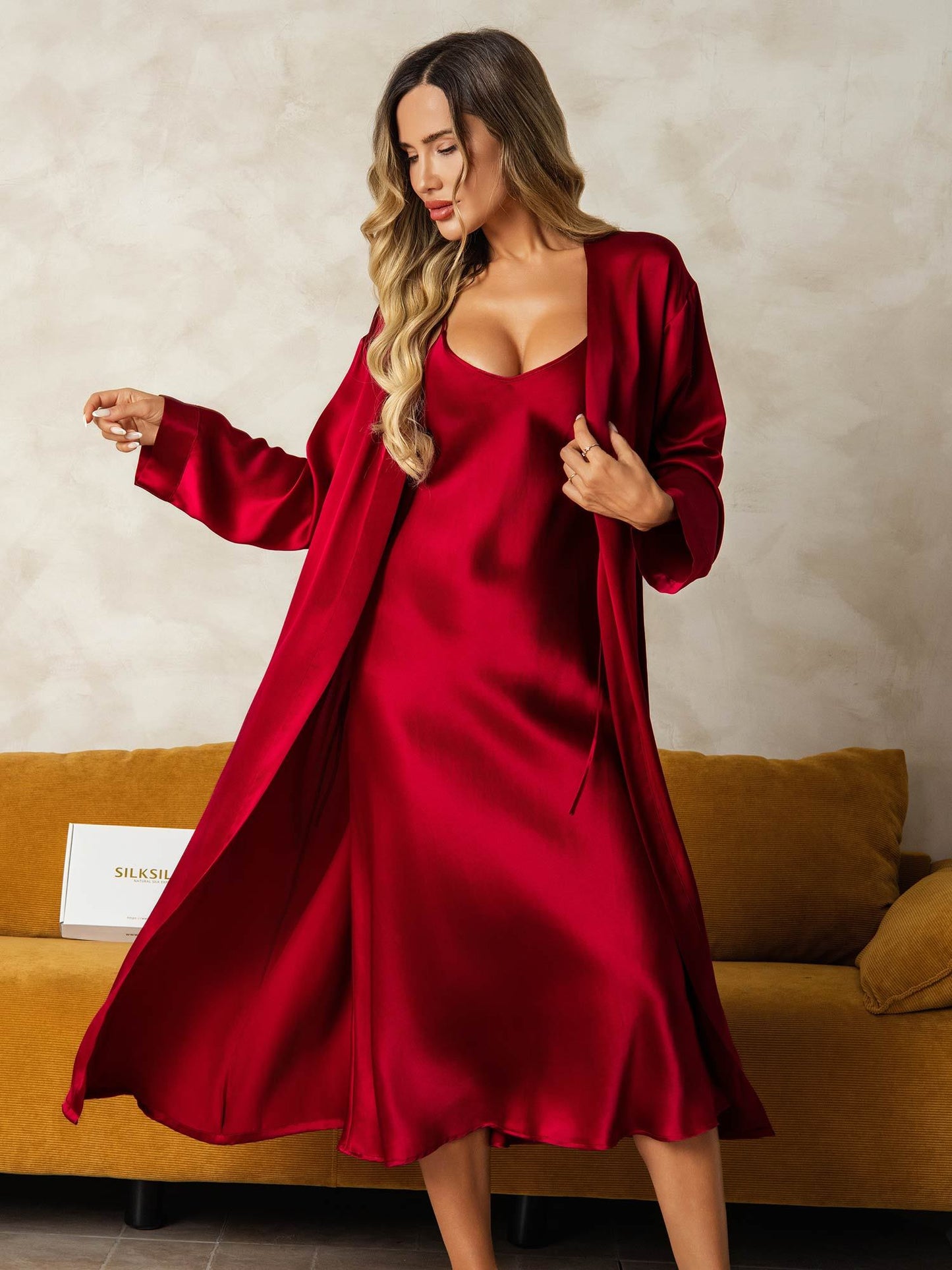 Pure Silk V-Neck Midi Nightdress & Dressing Gown Set 2Pcs