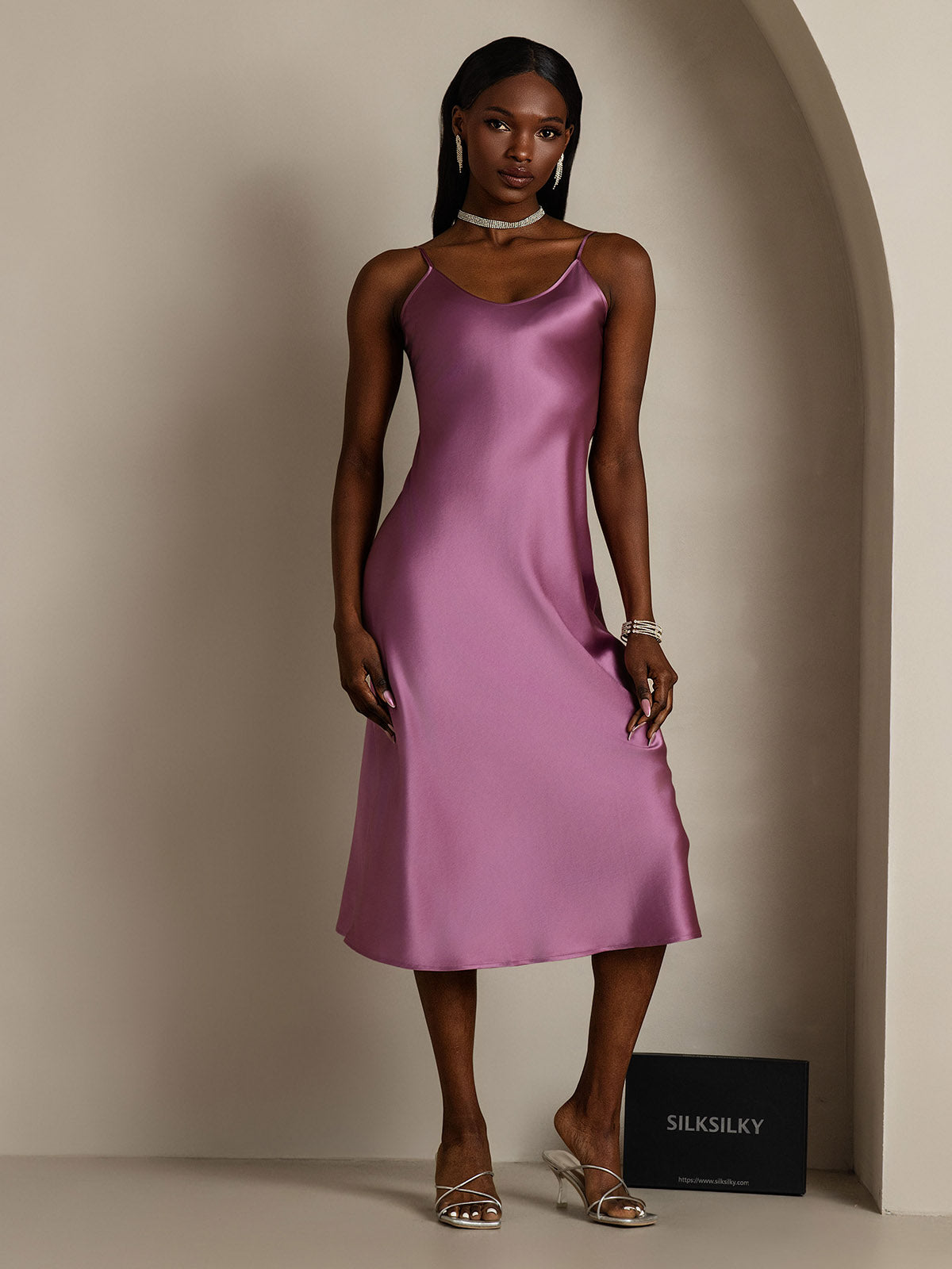 Pure Silk Spaghetti Strap Midi Dress