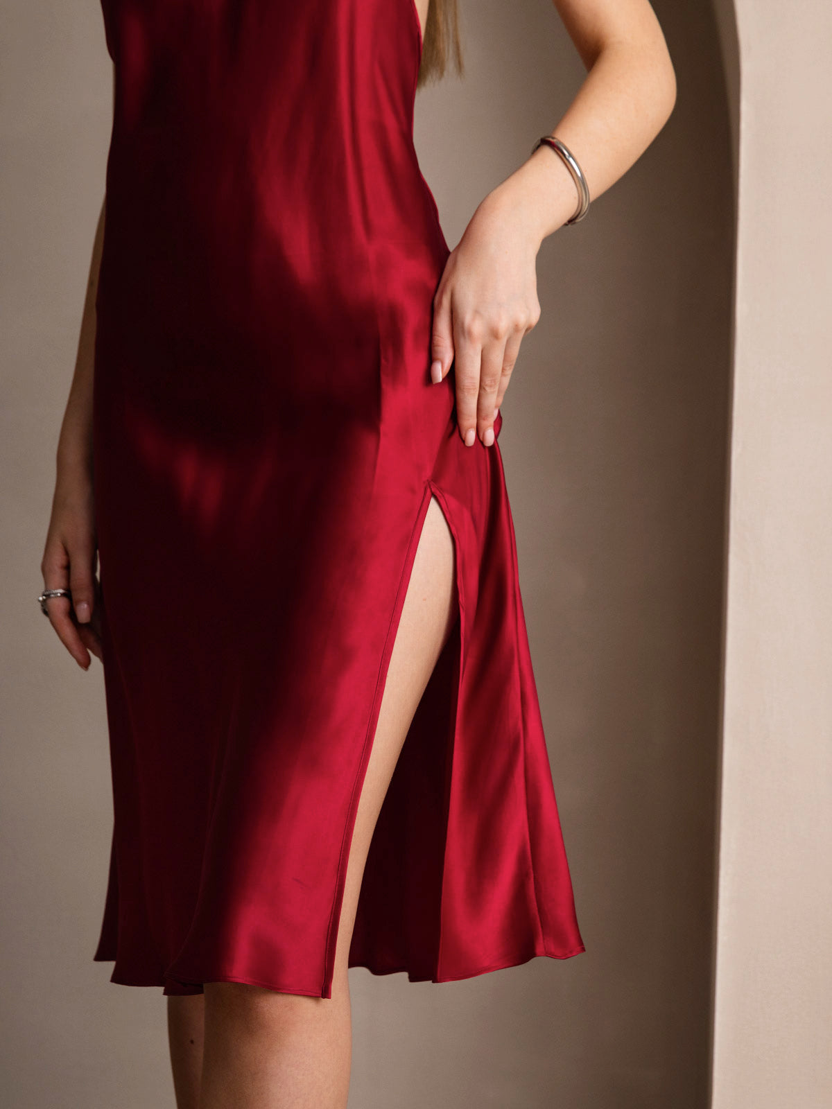 Pure Silk Spaghetti Strap U Neck Knee Dress with Split Criss Cross V-Back Design