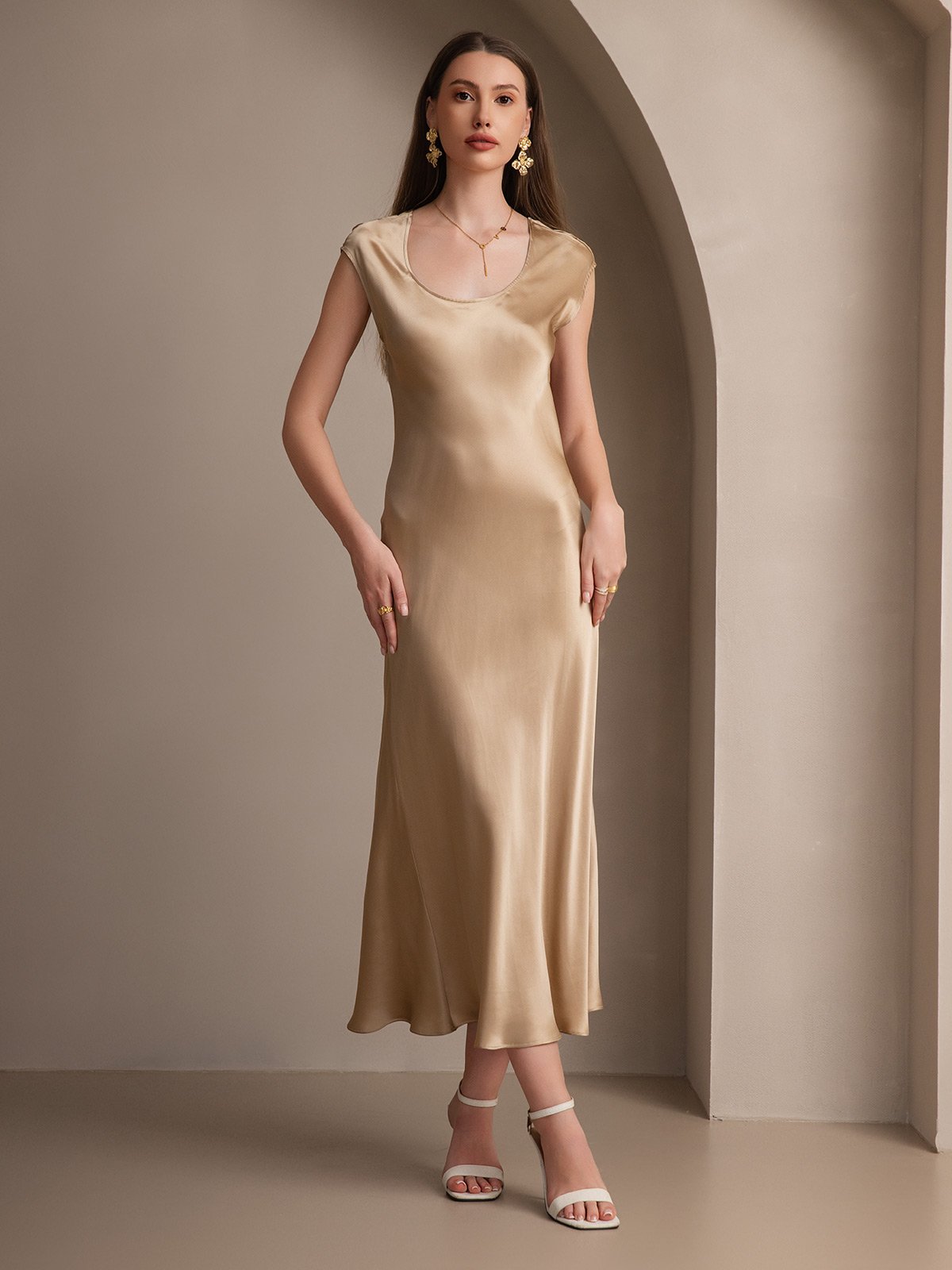 19Momme Silk Cap Sleeve Round Neck Midi Dress