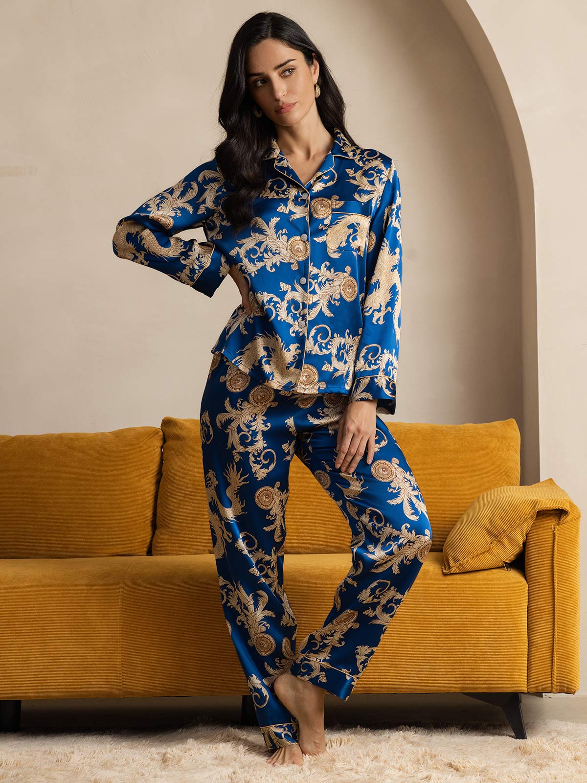 Pure Silk Dragon Print Long Sleeve Notch Collar Women's Pyjamas Set With Pants