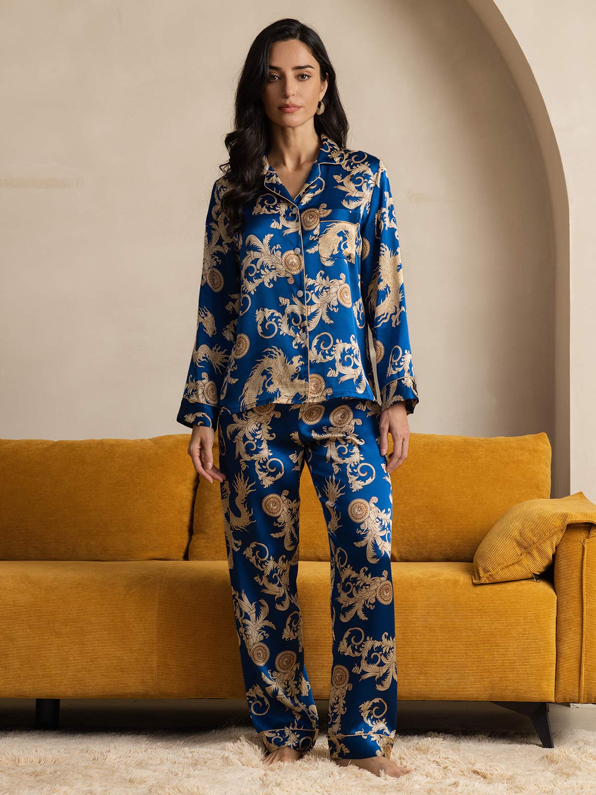 Pure Silk Dragon Print Long Sleeve Notch Collar Women's Pyjamas Set With Pants