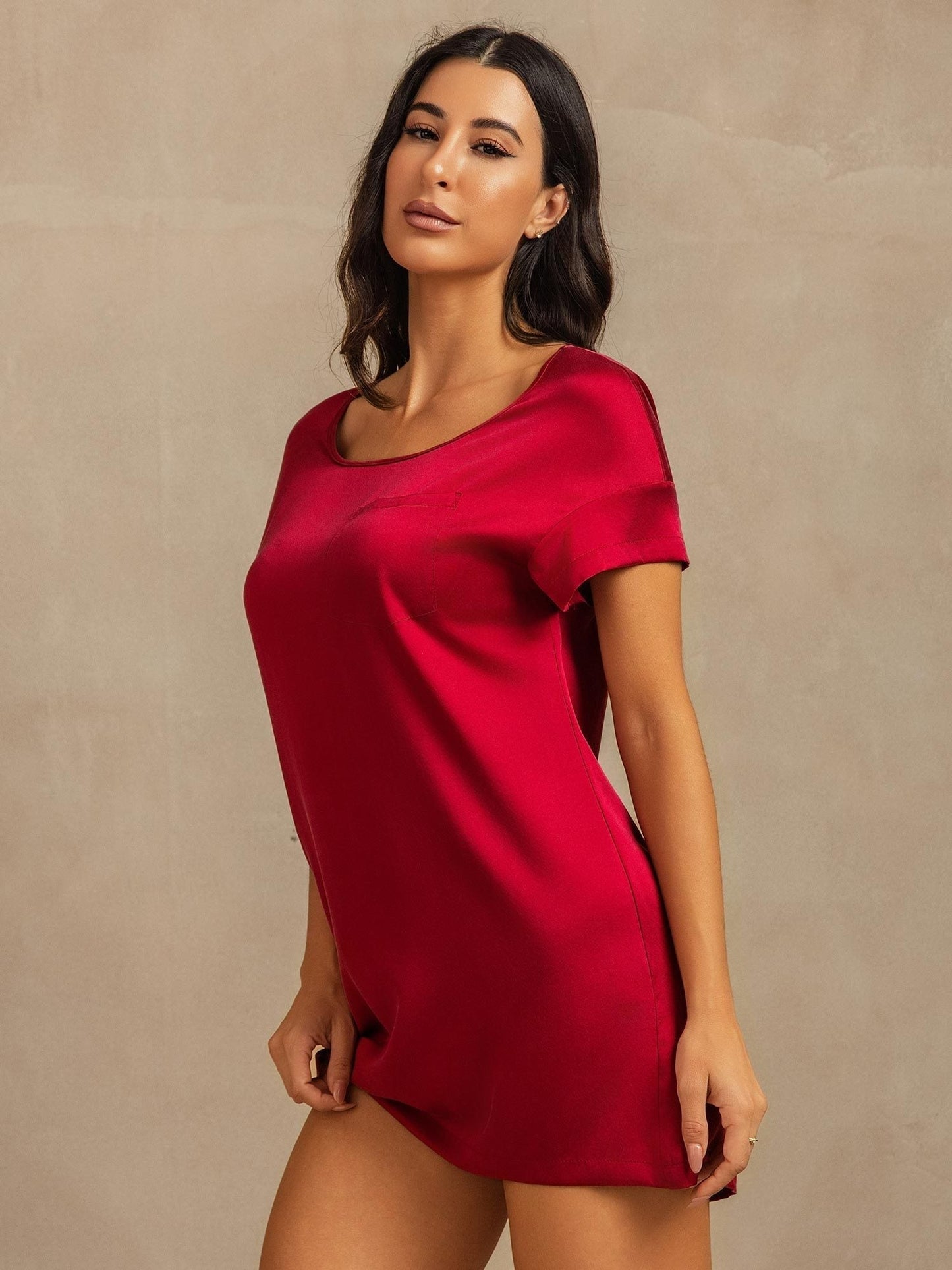 19Momme Washable Silk Short Sleeve Round Neck Short Nightdress