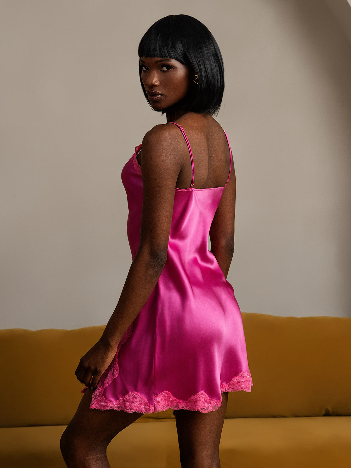 Women's Pure Silk Spaghetti Strap Short Nightdress with Lace Split Design
