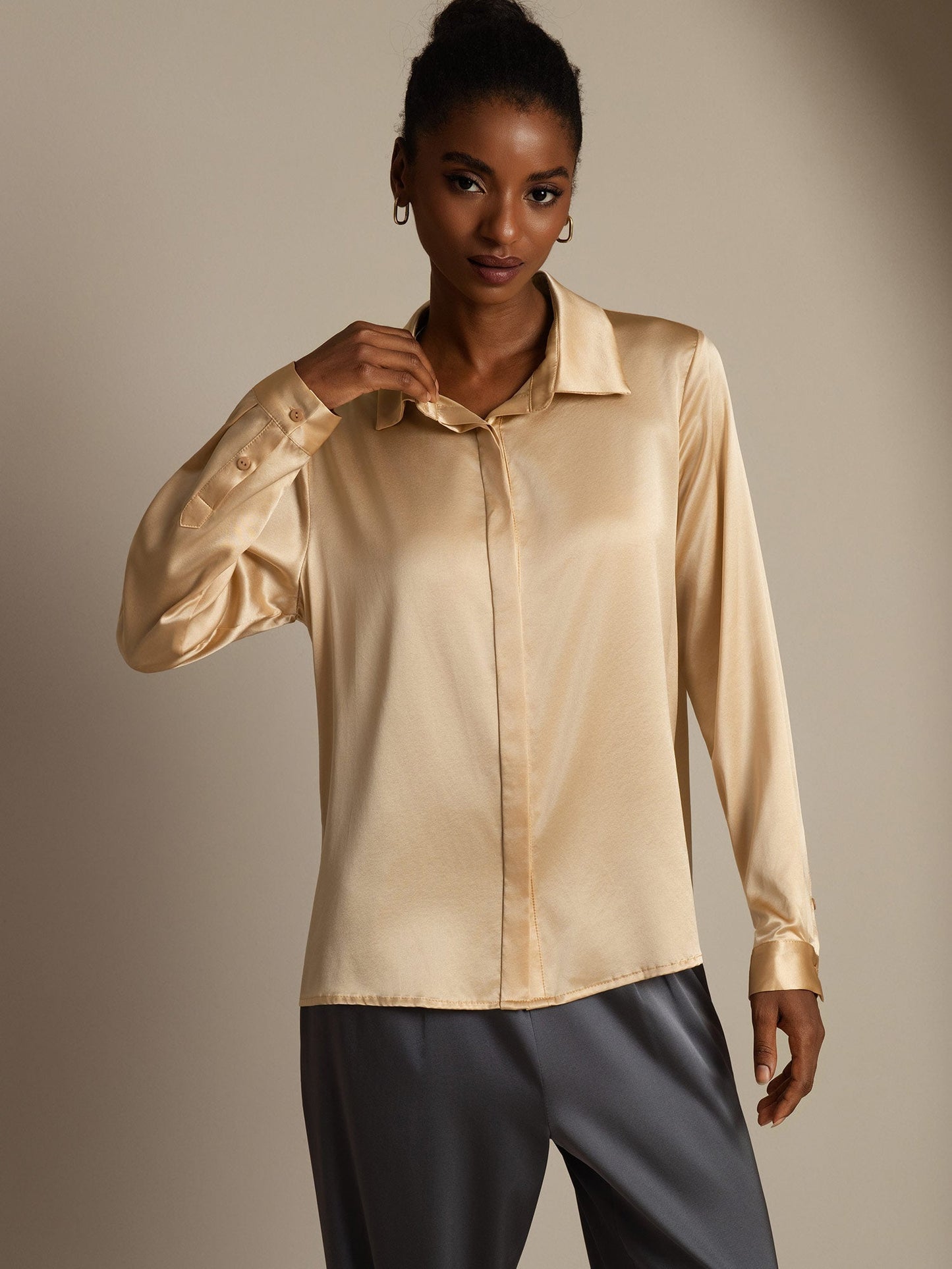 19Momme Silk Long Sleeve Lapel Collar Women's Shirt