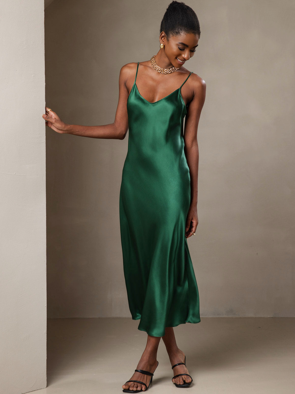 Pure Silk Spaghetti Strap V Neck Midi Dress