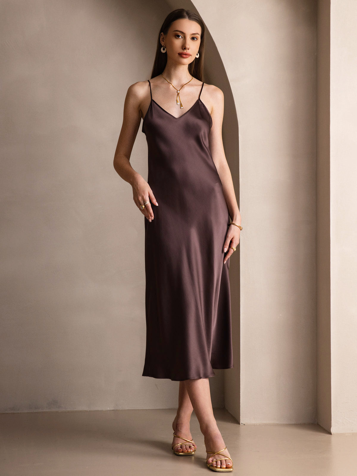 Pure Silk Spaghetti Strap Midi Dress