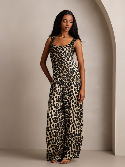 Women's Pure Silk Leopard Print U-Neck Tank Top & Wide Leg Pants Set