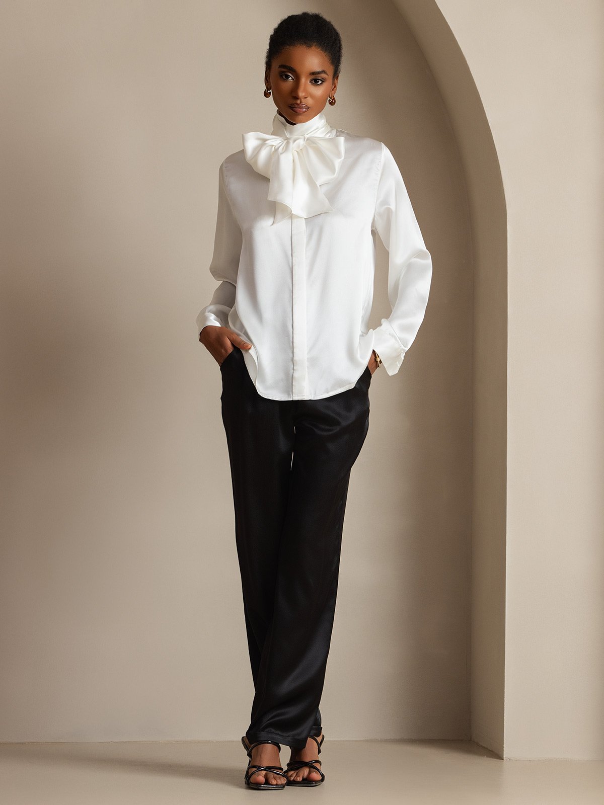 19Momme Silk Long Sleeve High Neck Bow Tie Blouse