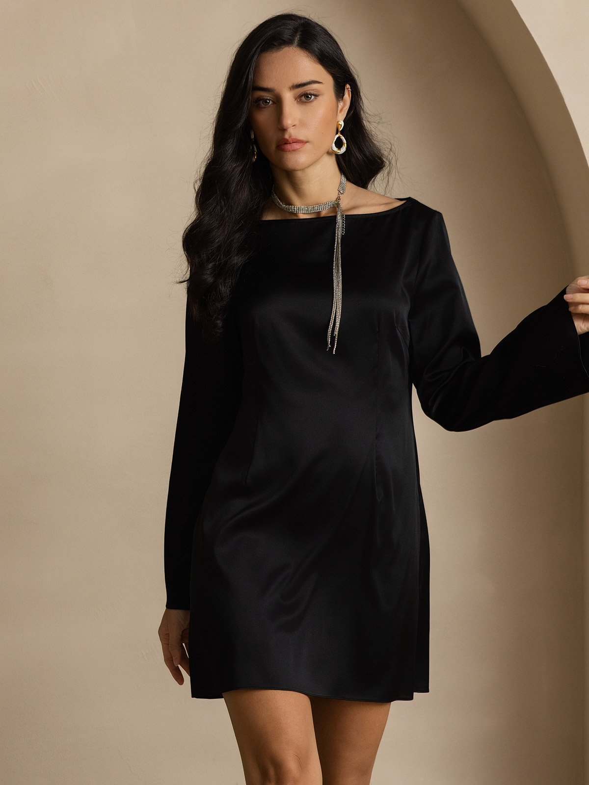 19Momme Silk Long Sleeve Boat Neck Short Dress