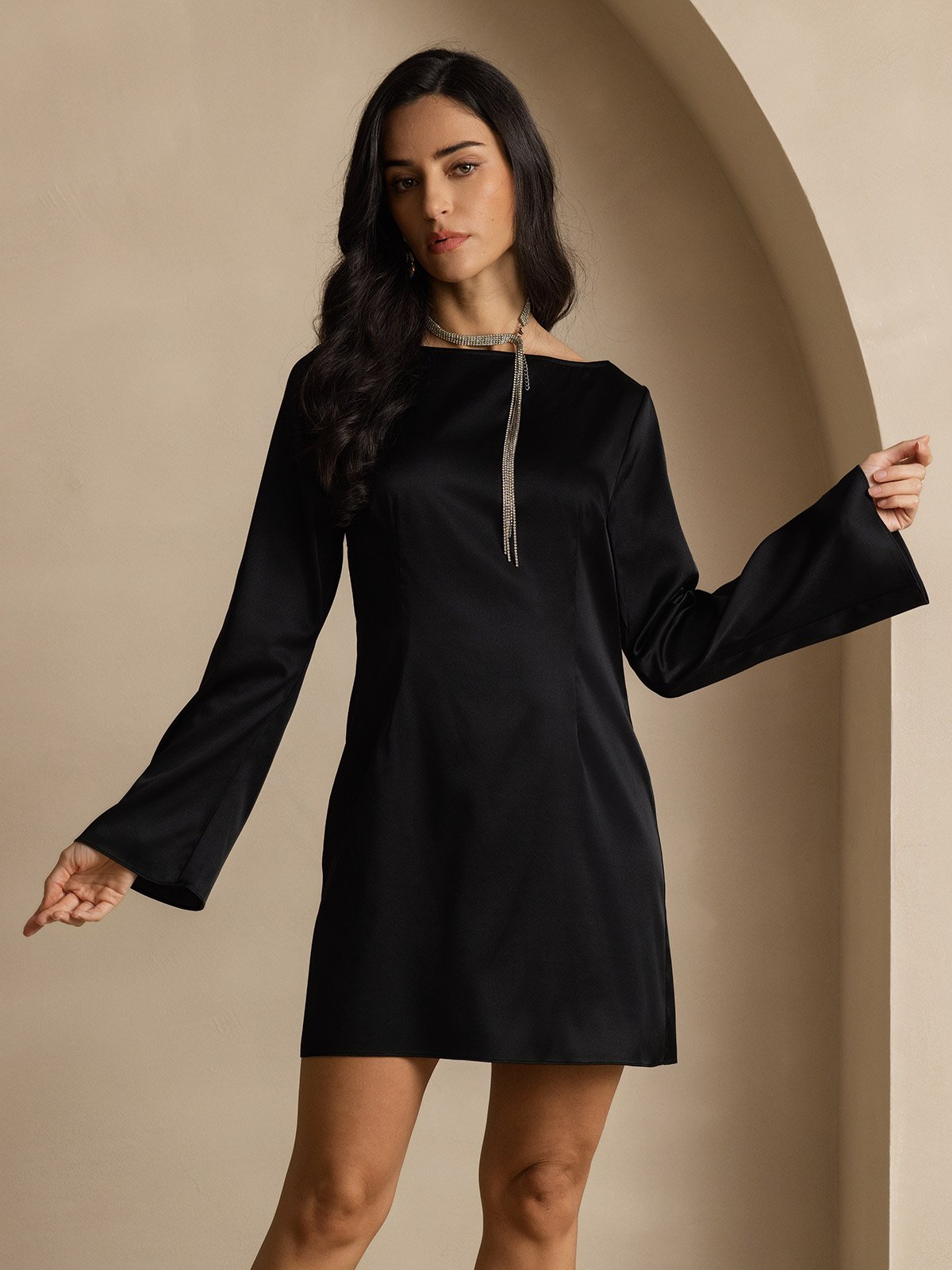 19Momme Silk Long Sleeve Boat Neck Short Dress