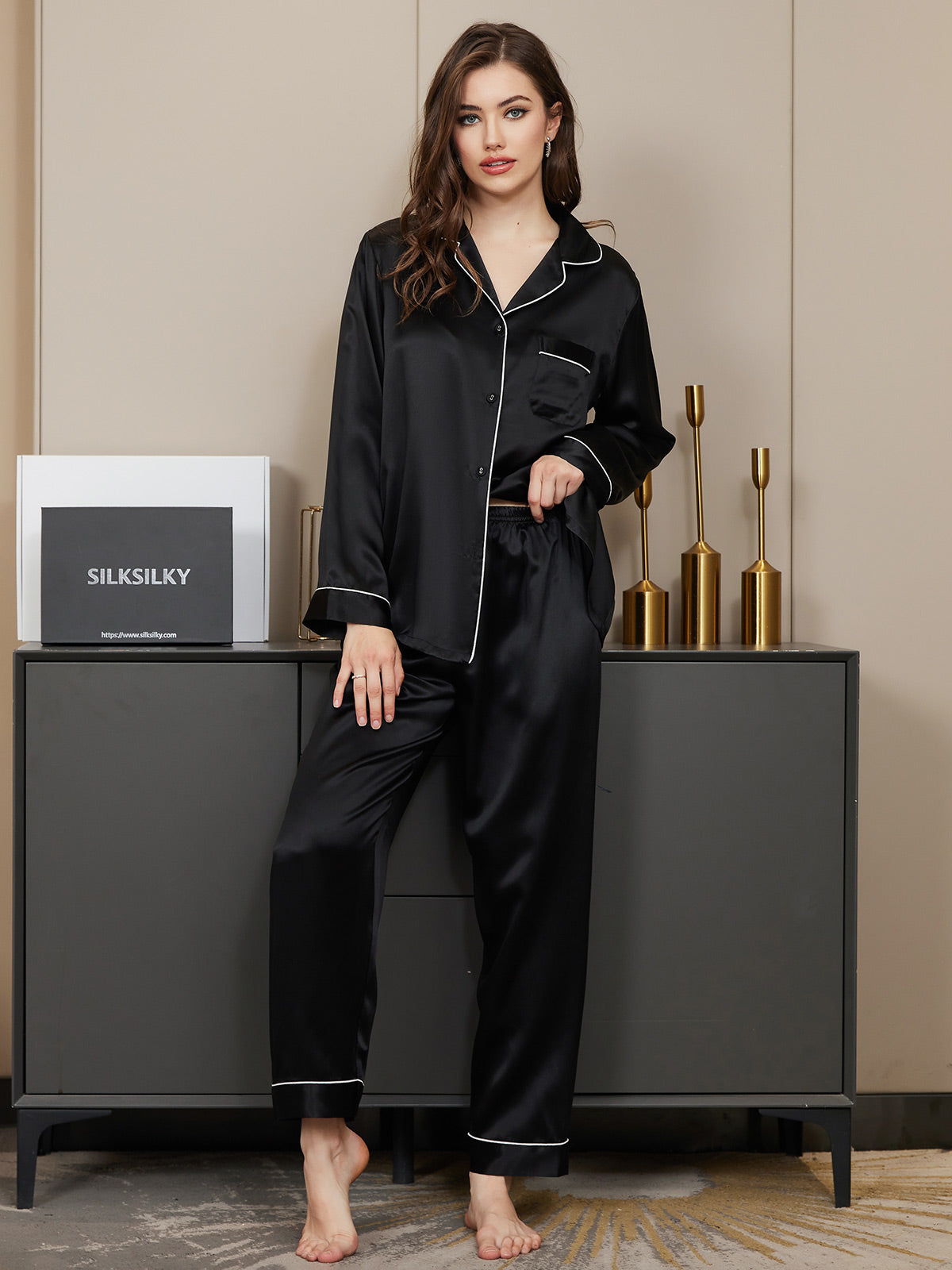 Women's Pure Silk Long Sleeve Button Up Pyjamas Set