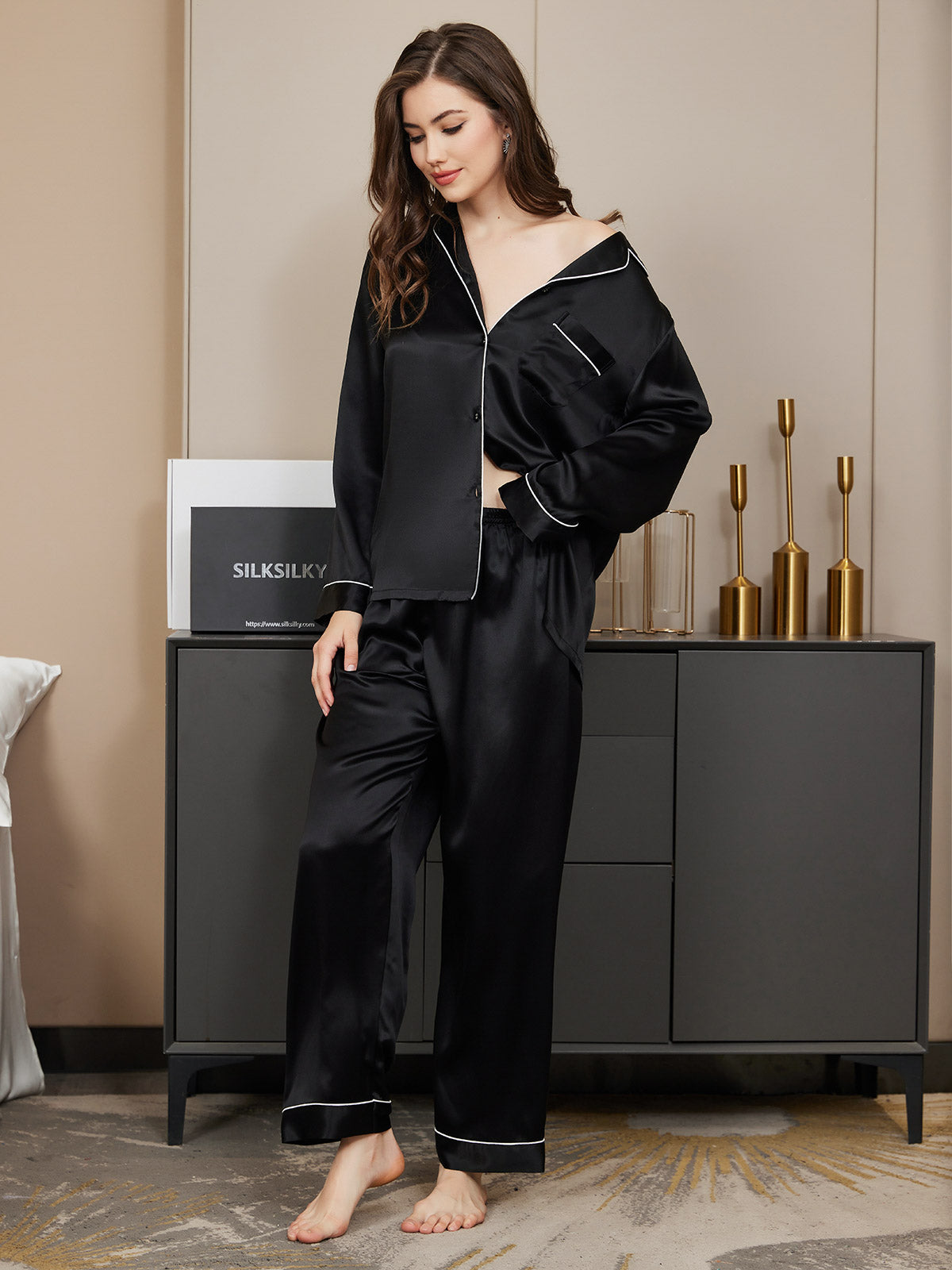 Women's Pure Silk Long Sleeve Button Up Pyjamas Set
