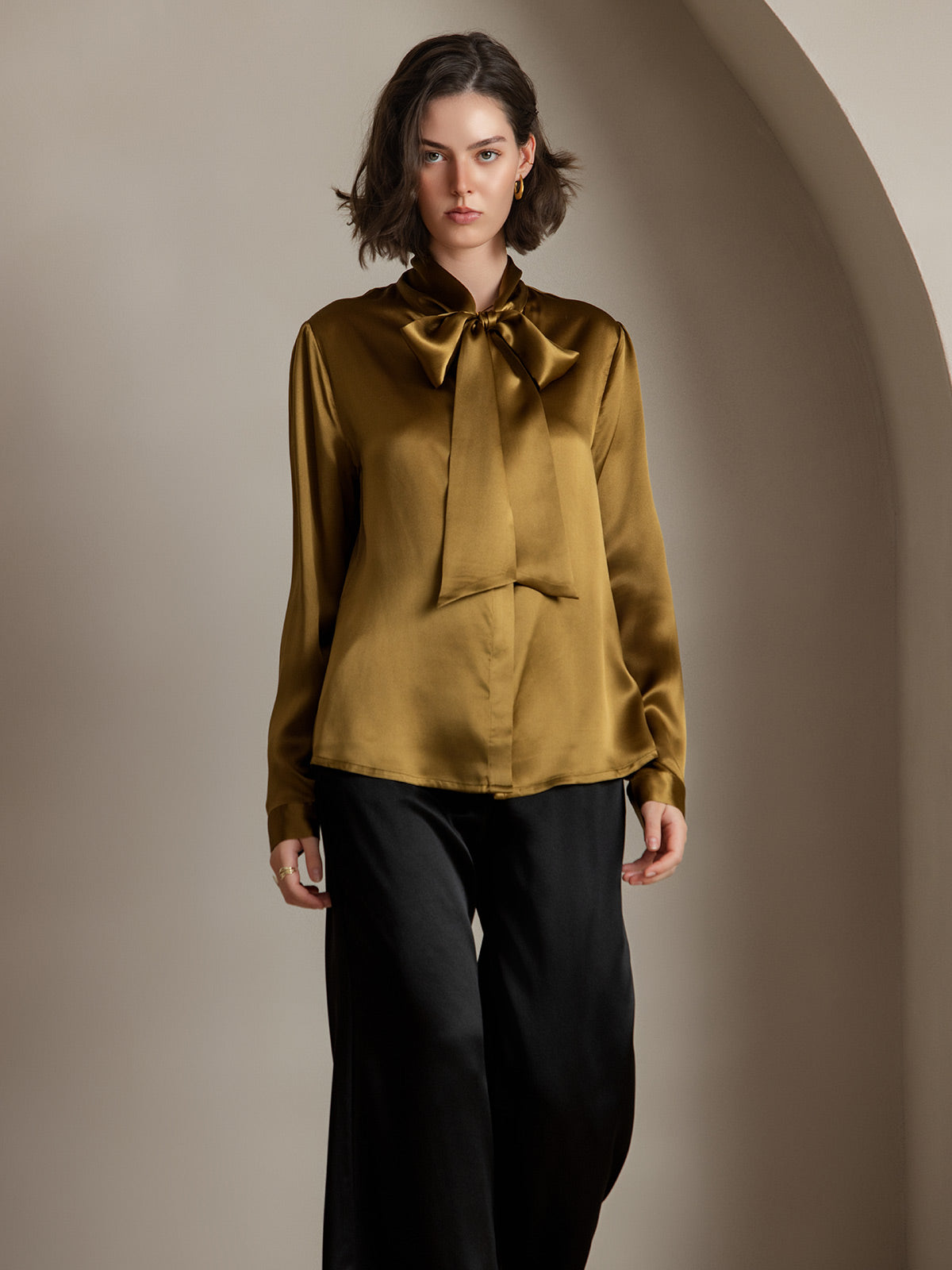 19Momme Silk Long Sleeve Tie Neck Blouse