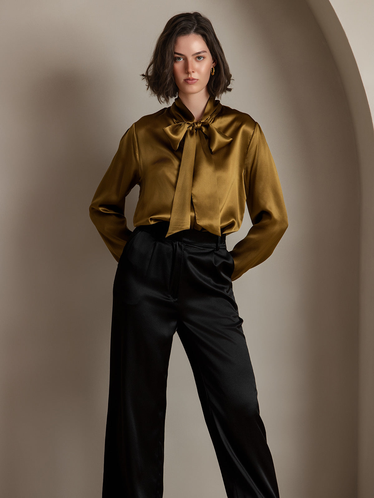19Momme Silk Long Sleeve Tie Neck Blouse