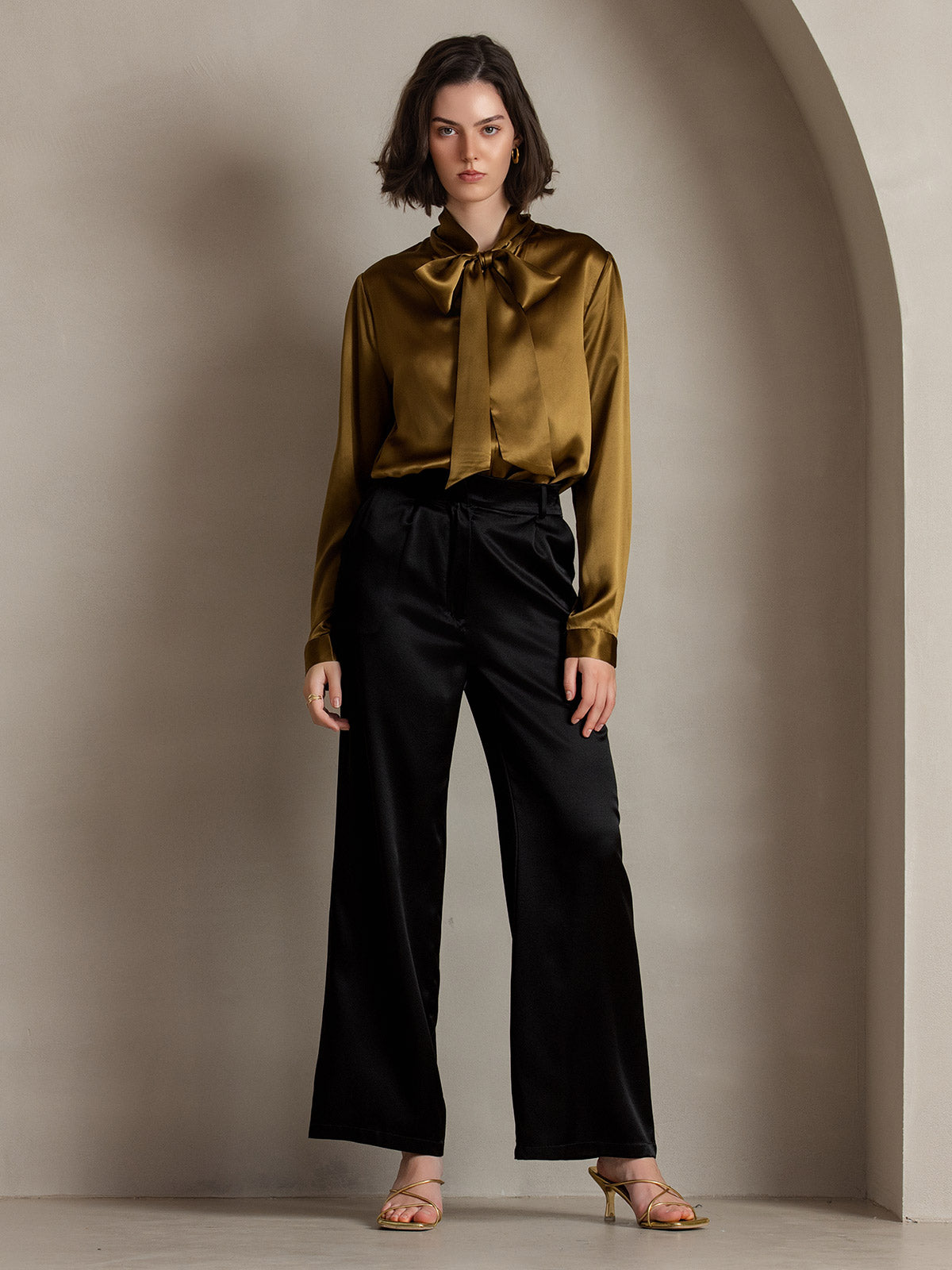 19Momme Silk Long Sleeve Tie Neck Blouse