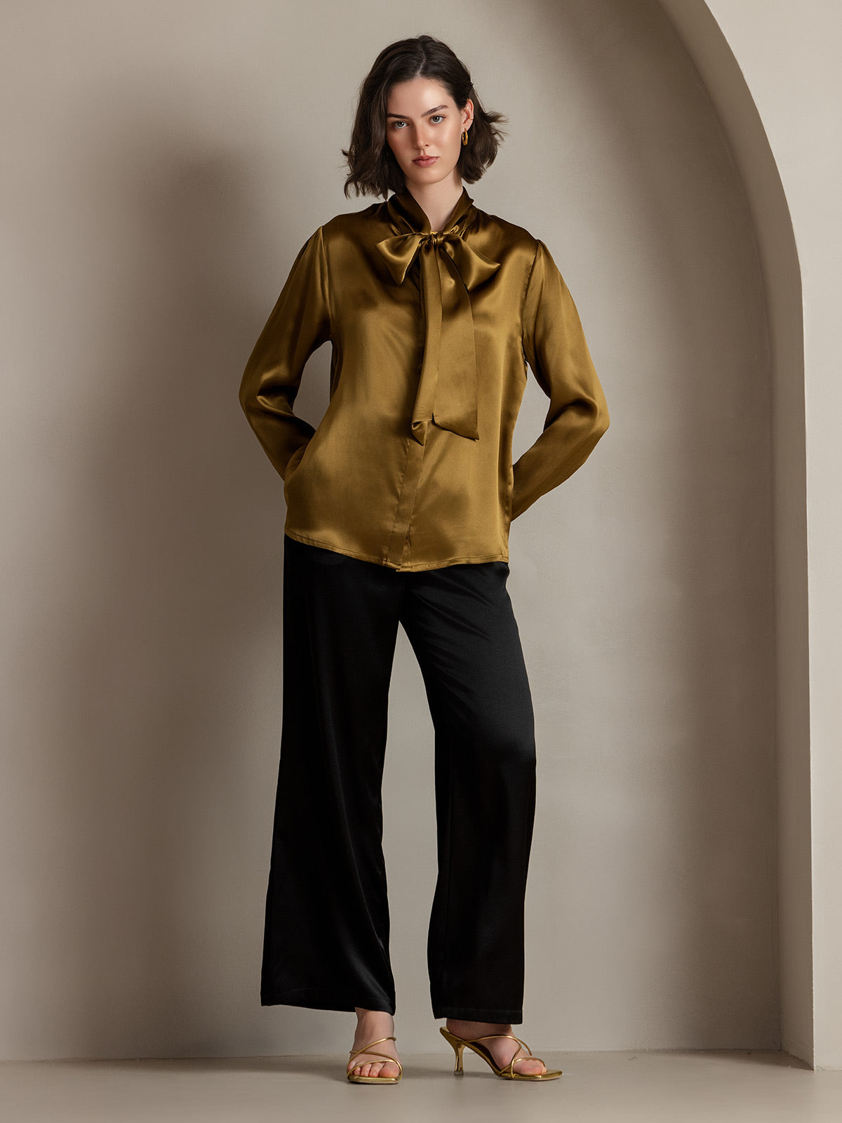 19Momme Silk Long Sleeve Tie Neck Blouse