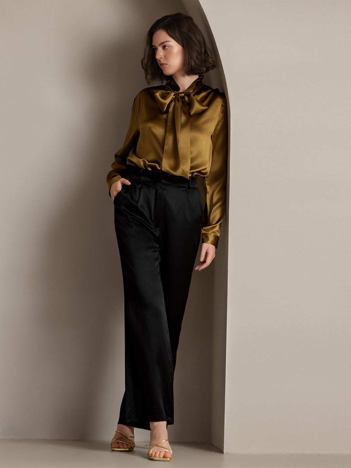 19Momme Silk Long Sleeve Tie Neck Blouse