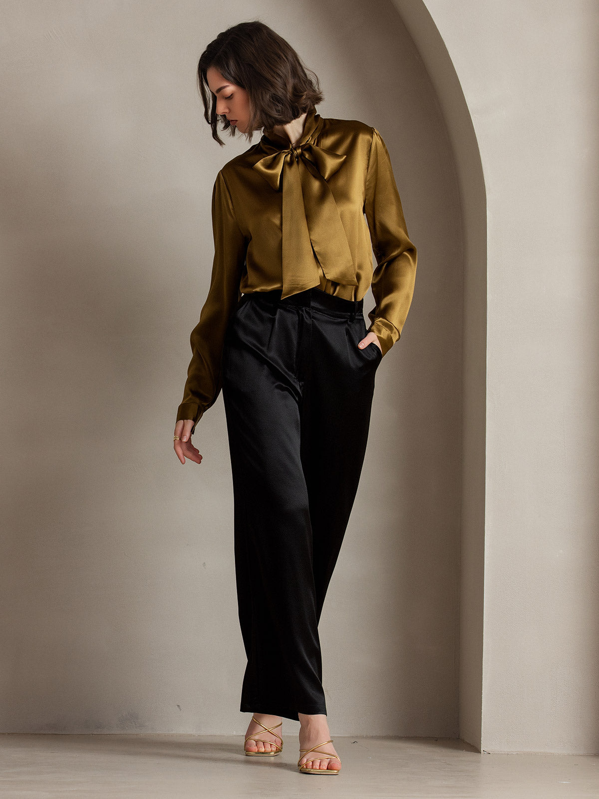 19Momme Silk Long Sleeve Tie Neck Blouse