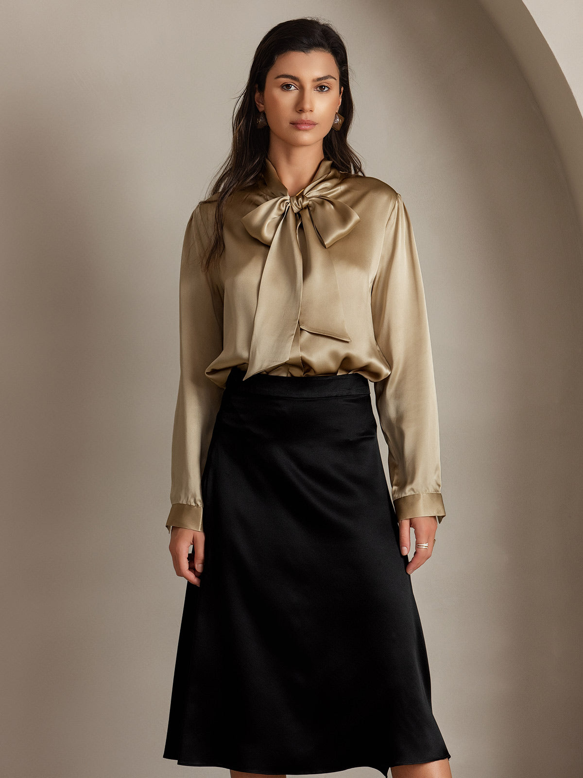 19Momme Silk Long Sleeve Tie Neck Blouse