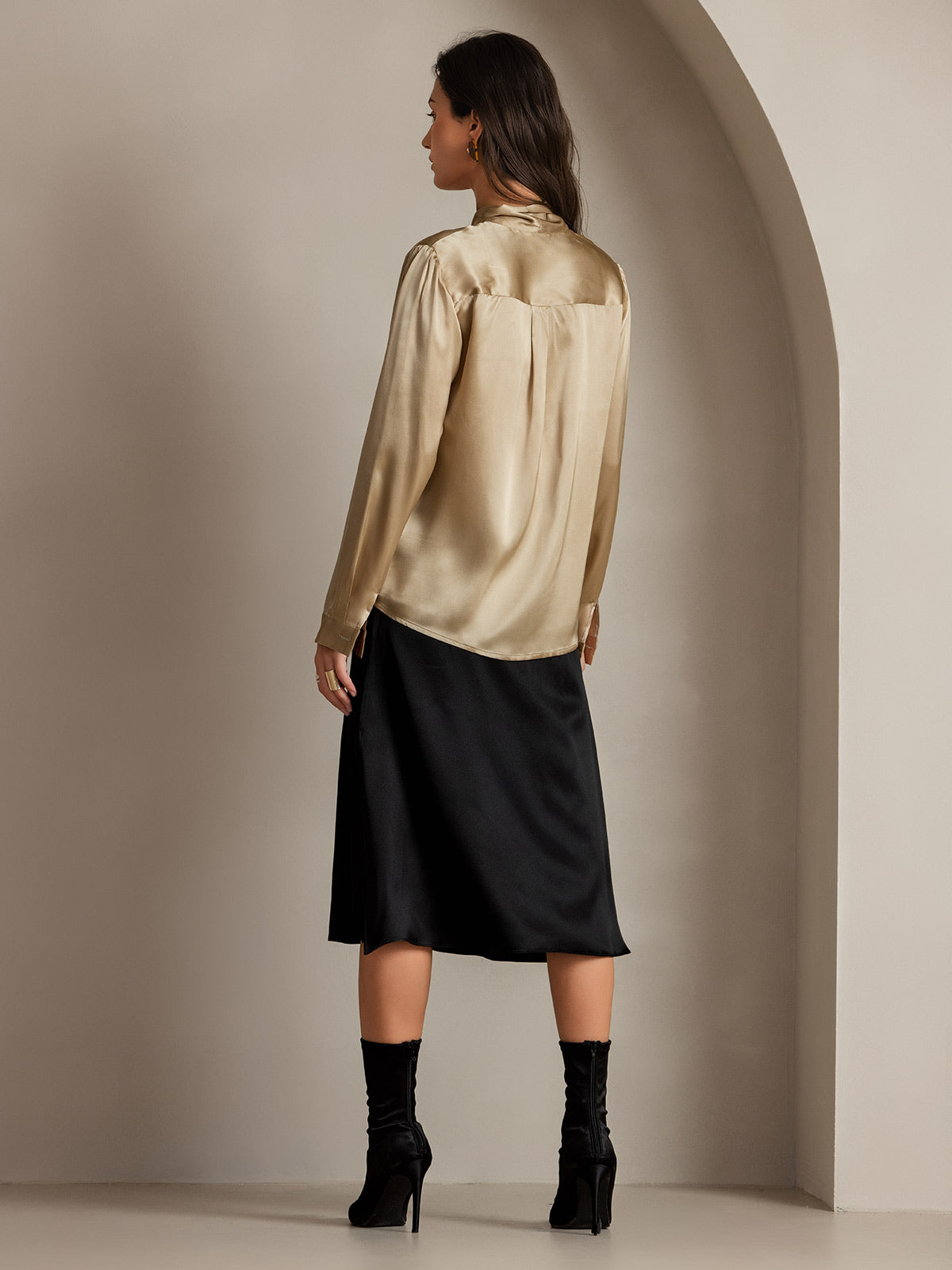 19Momme Silk Long Sleeve Tie Neck Blouse
