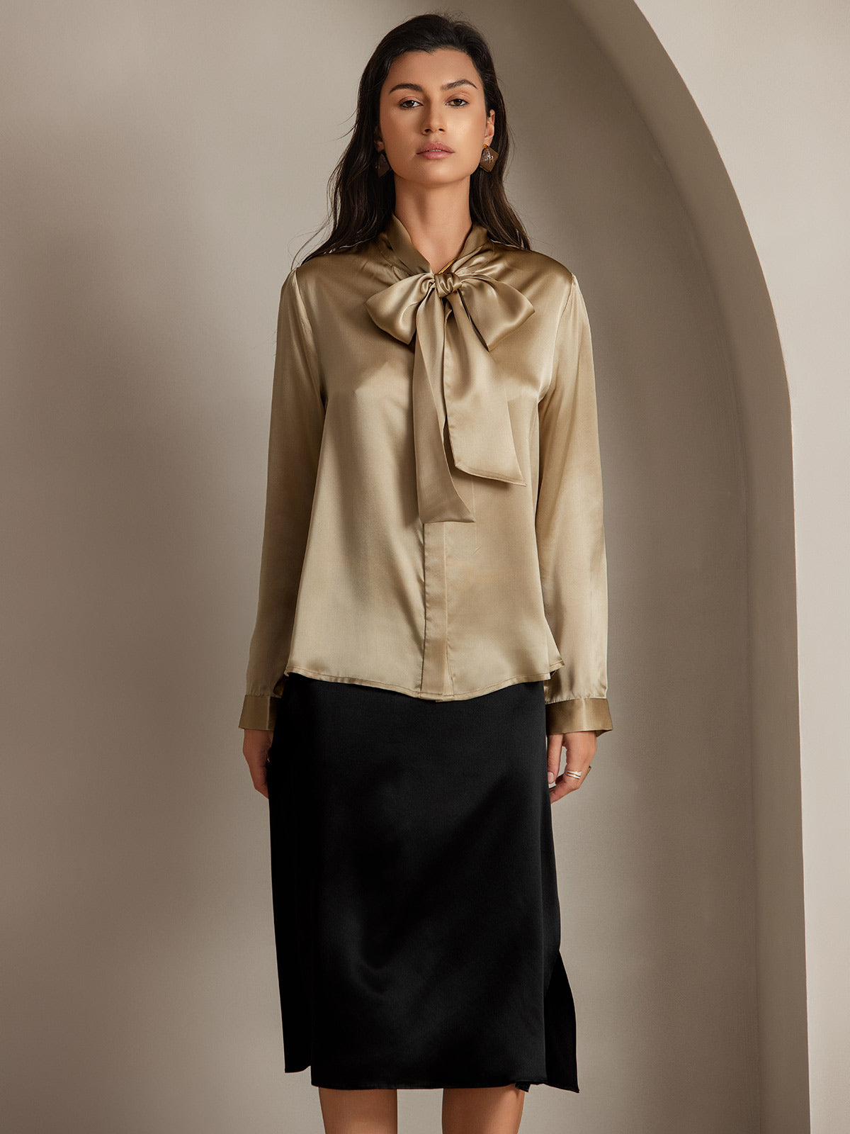 19Momme Silk Long Sleeve Tie Neck Blouse