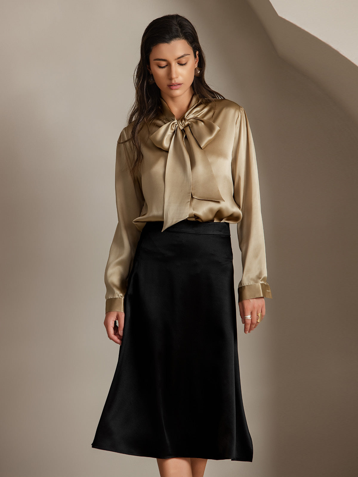 19Momme Silk Long Sleeve Tie Neck Blouse