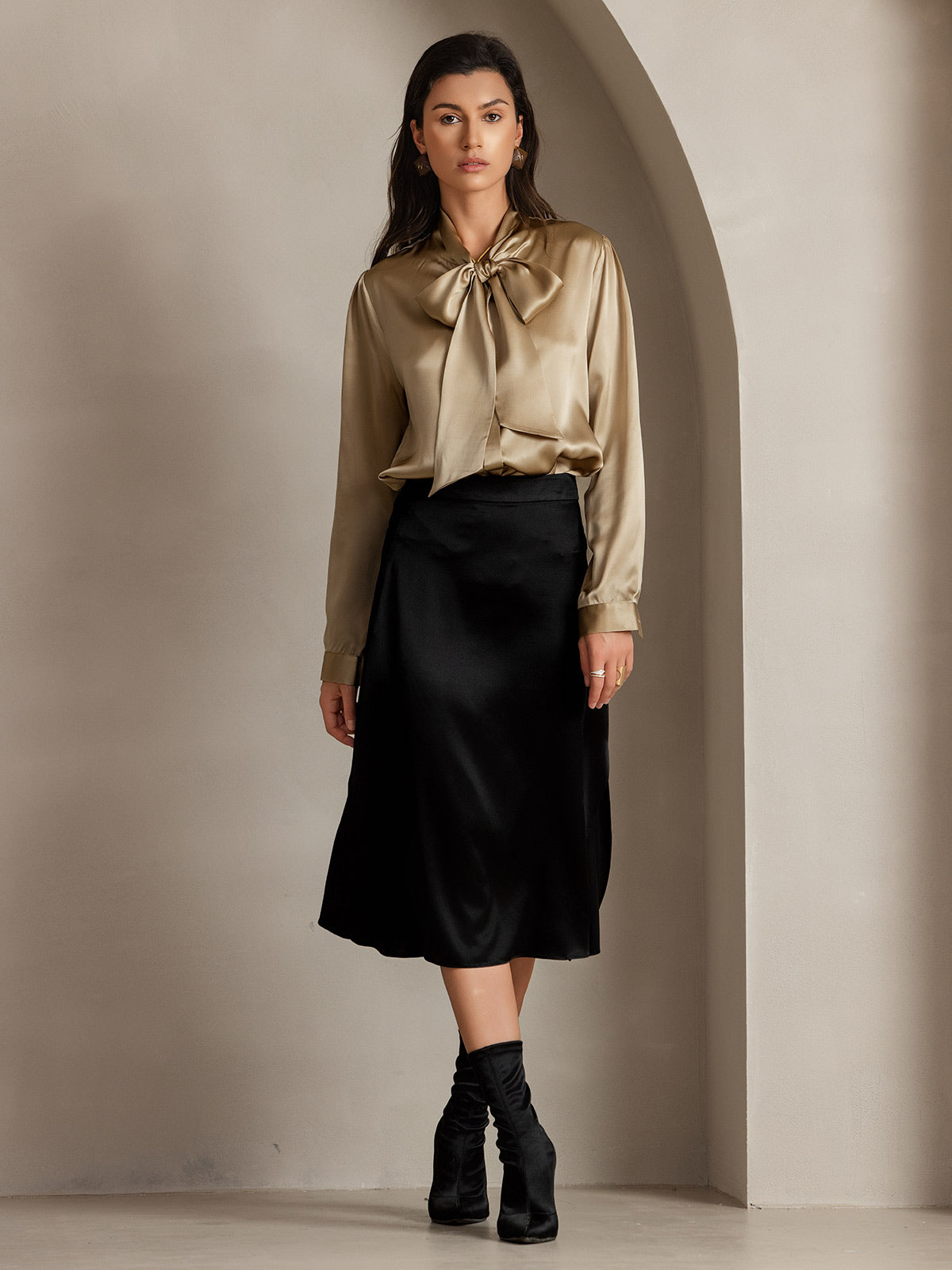 19Momme Silk Long Sleeve Tie Neck Blouse