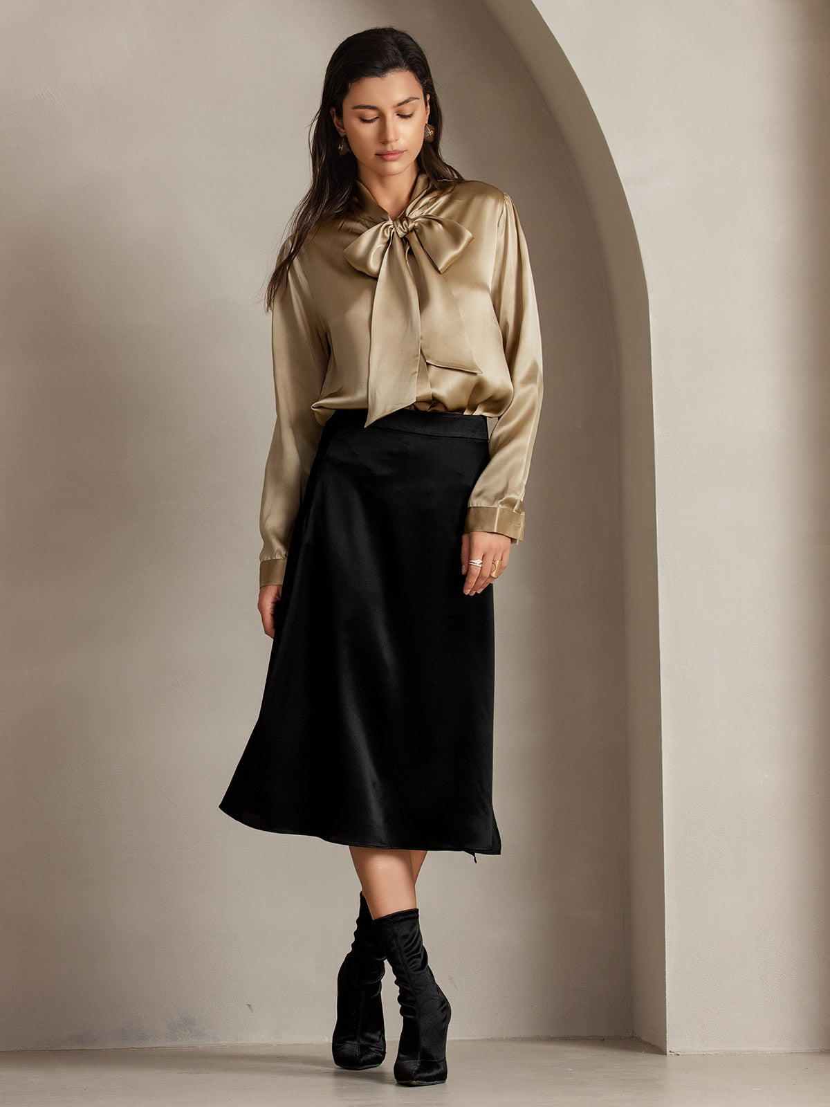 19Momme Silk Long Sleeve Tie Neck Blouse