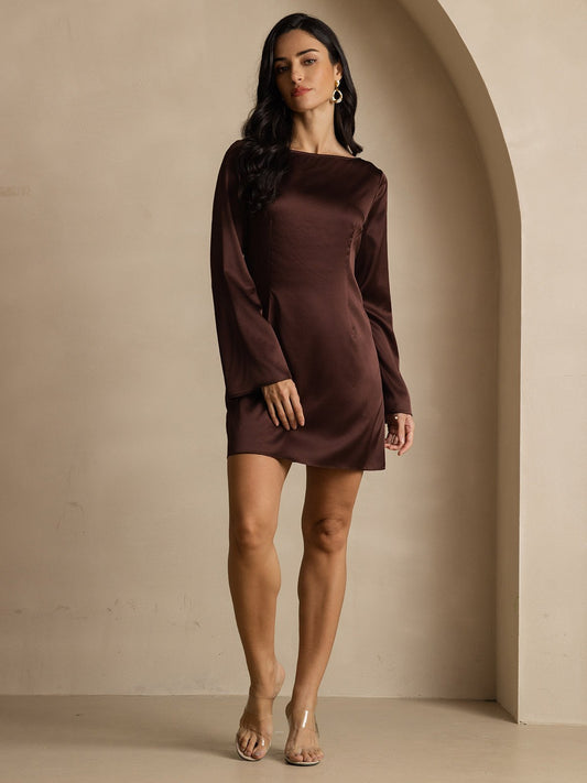 19Momme Silk Long Sleeve Boat Neck Short Dress