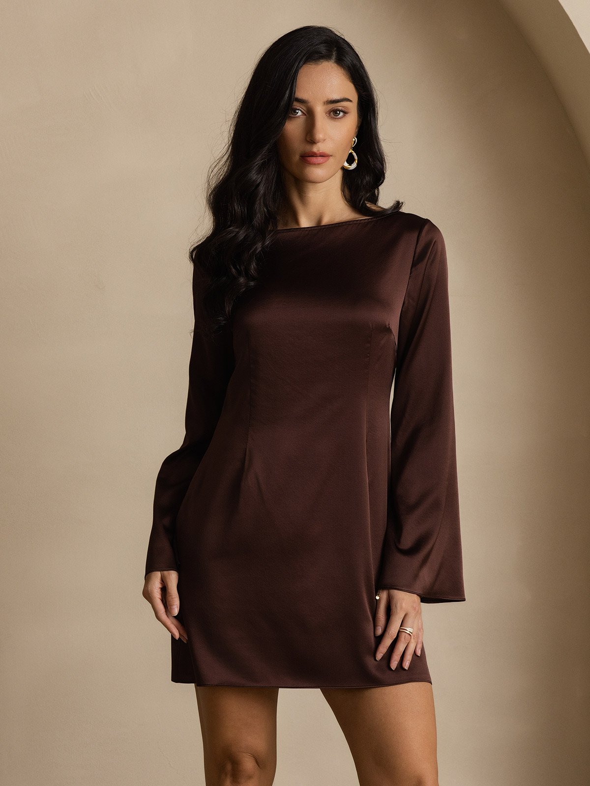 19Momme Silk Long Sleeve Boat Neck Short Dress