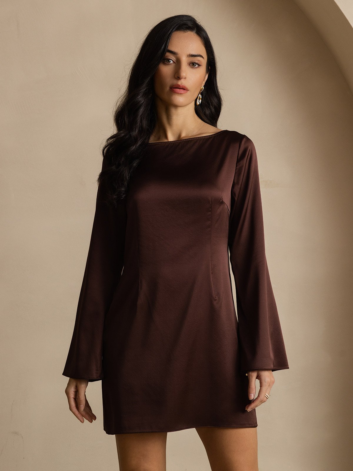 19Momme Silk Long Sleeve Boat Neck Short Dress