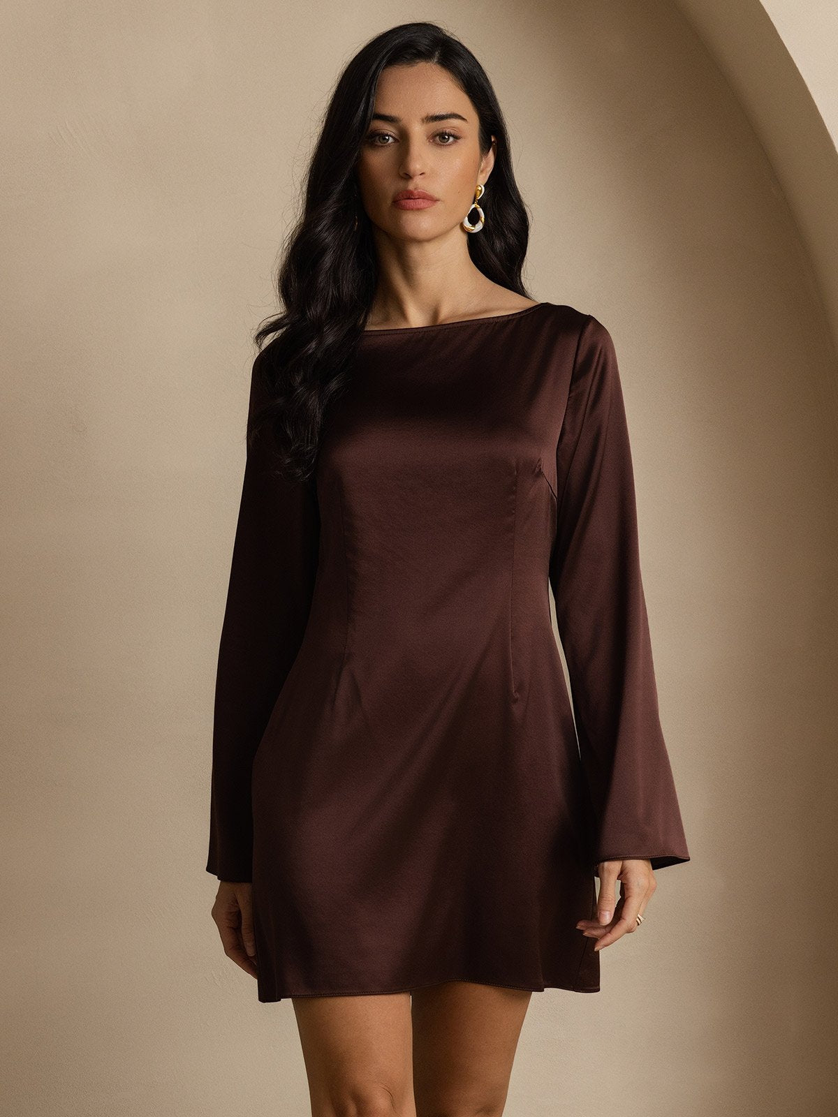19Momme Silk Long Sleeve Boat Neck Short Dress