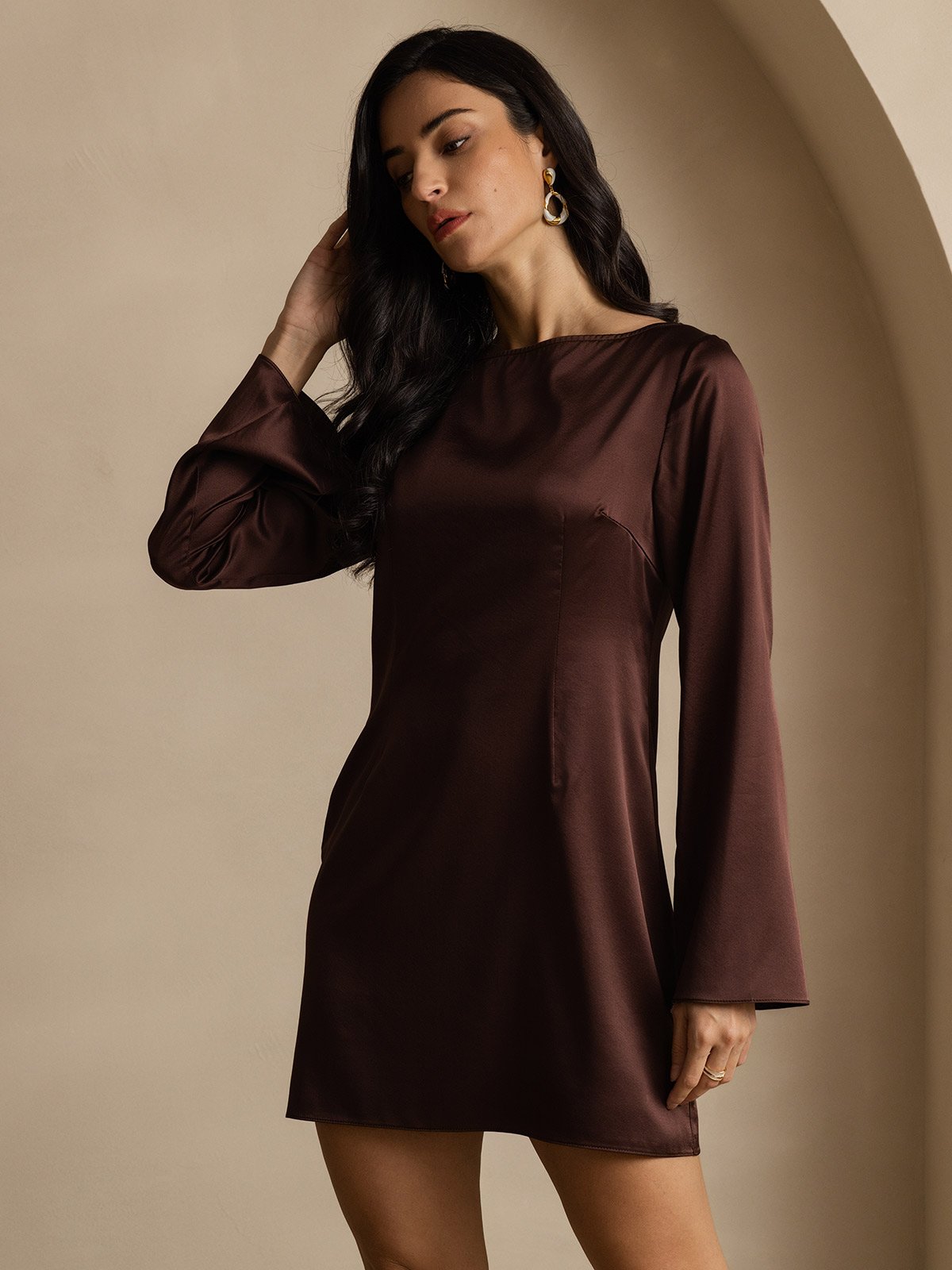 19Momme Silk Long Sleeve Boat Neck Short Dress