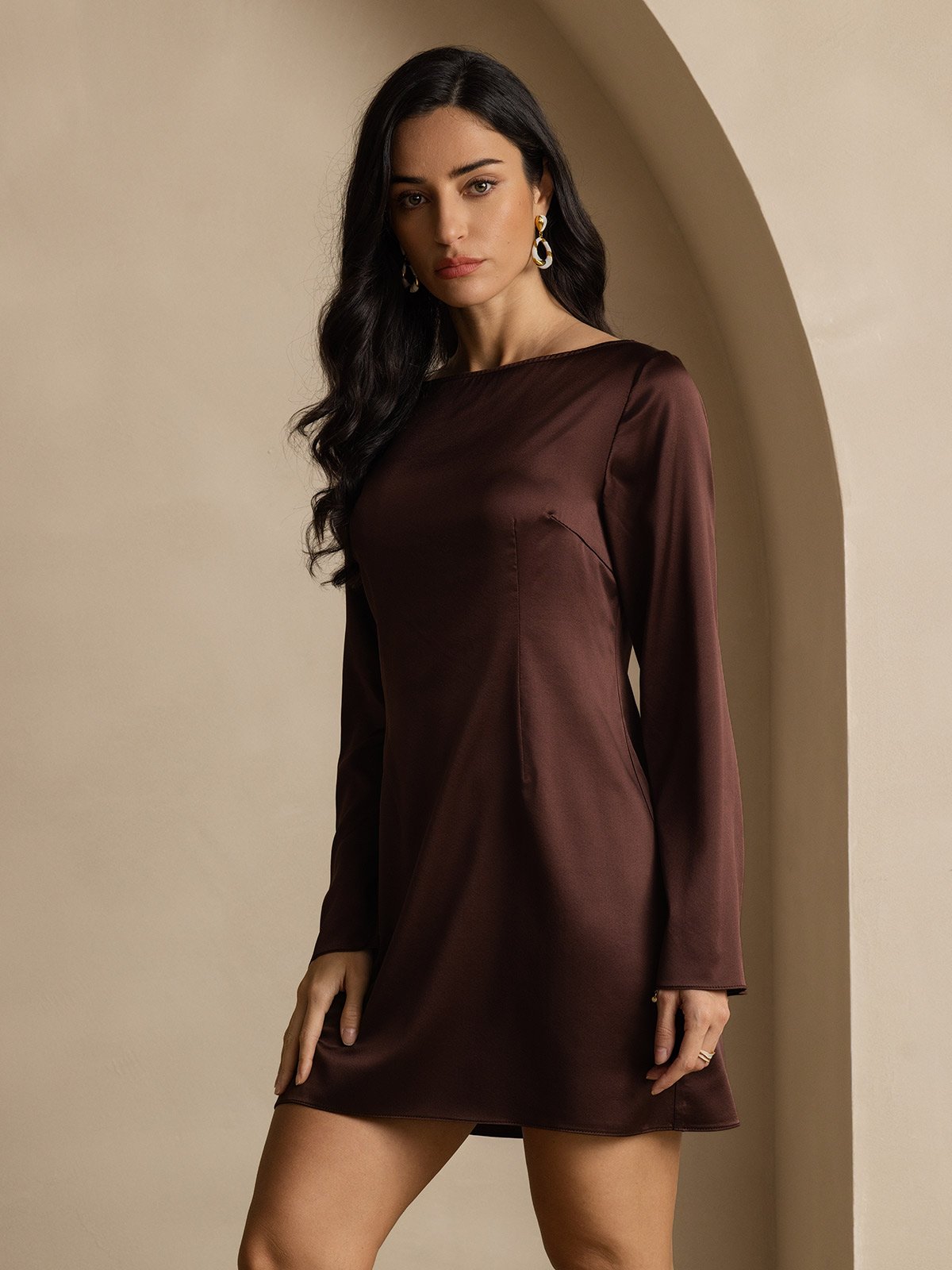 19Momme Silk Long Sleeve Boat Neck Short Dress