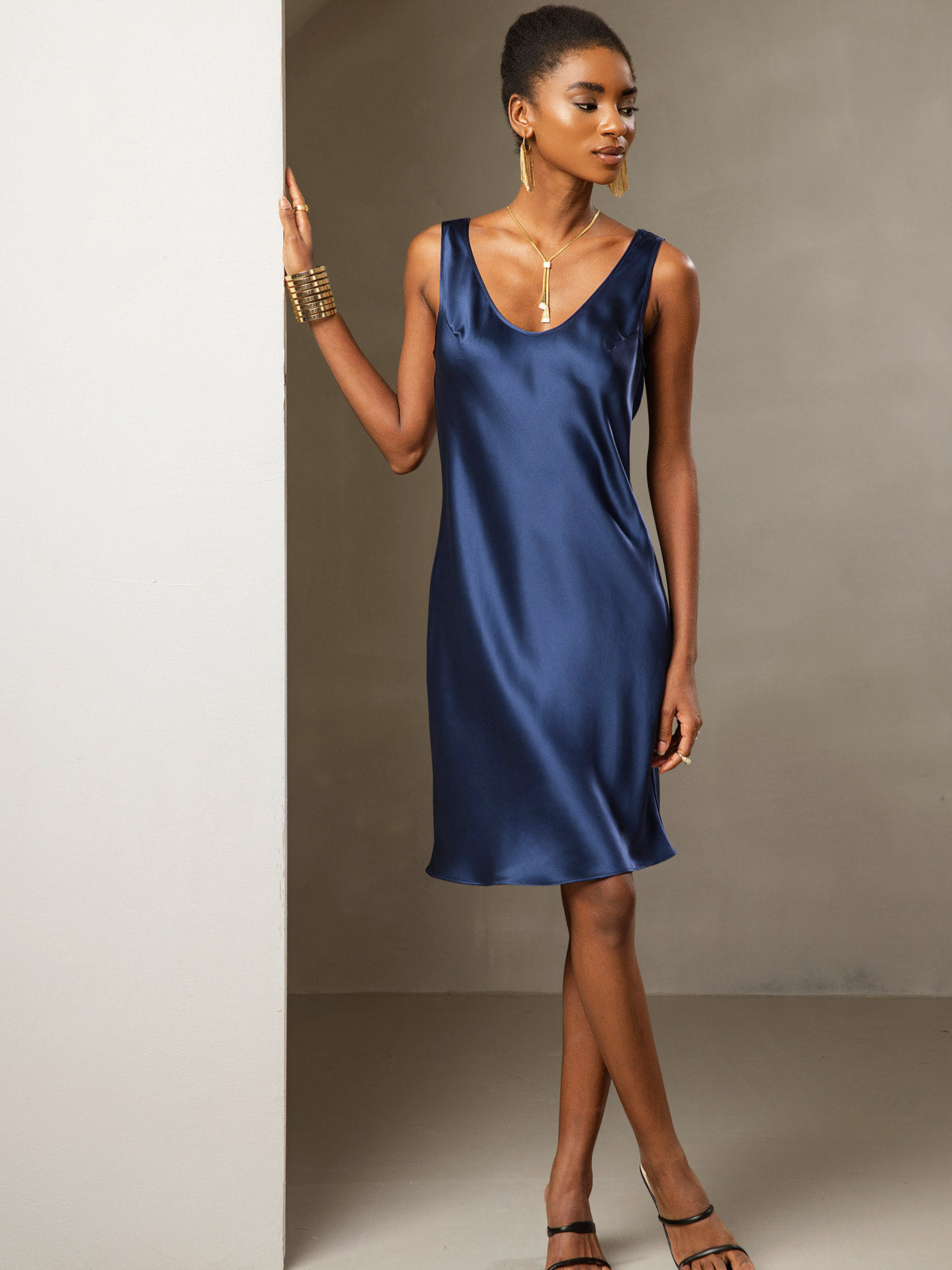 Pure Silk Sleeveless U Neck Short Dress
