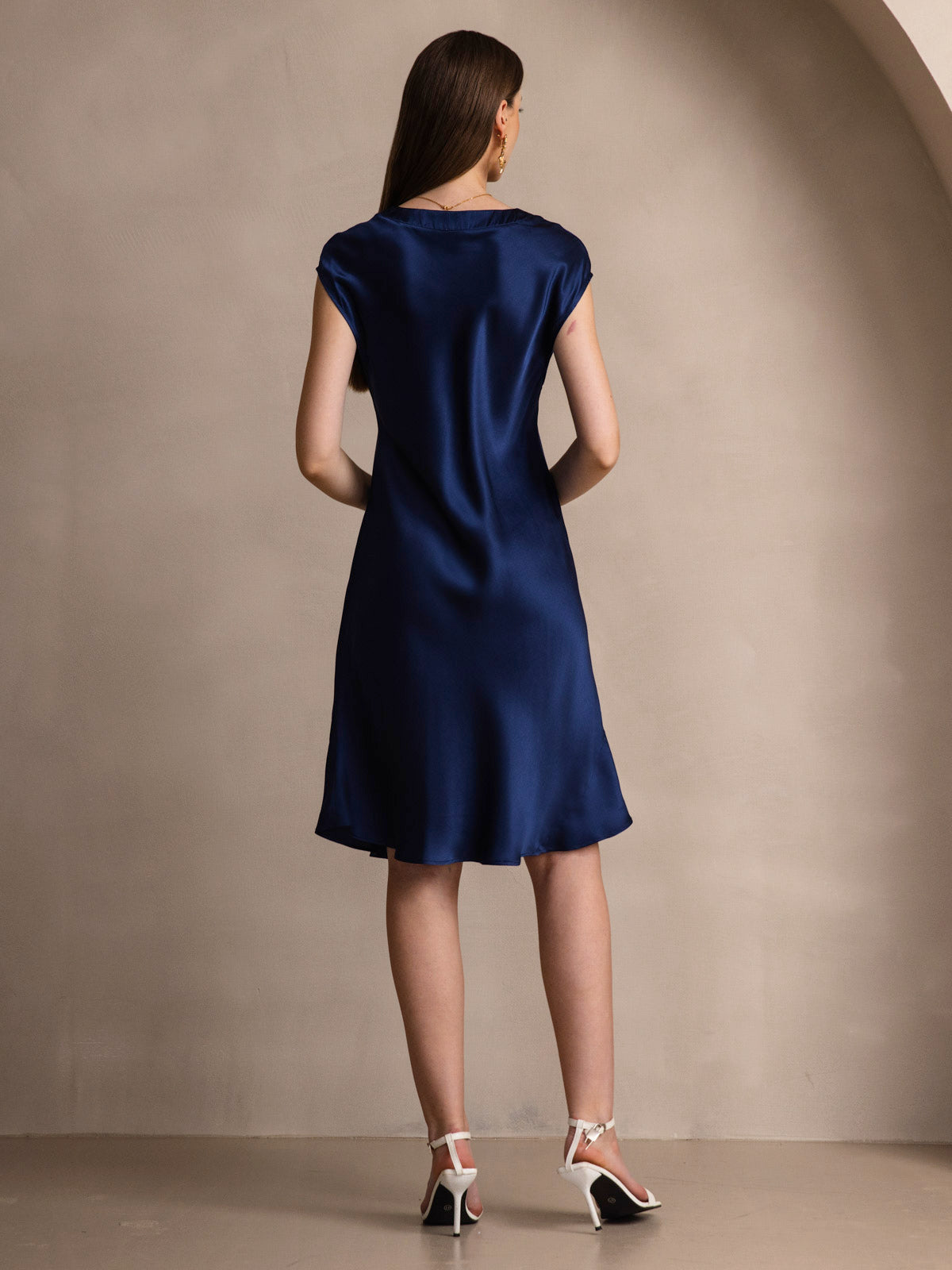 Pure Silk Cap Sleeve V Neck Knee Dress