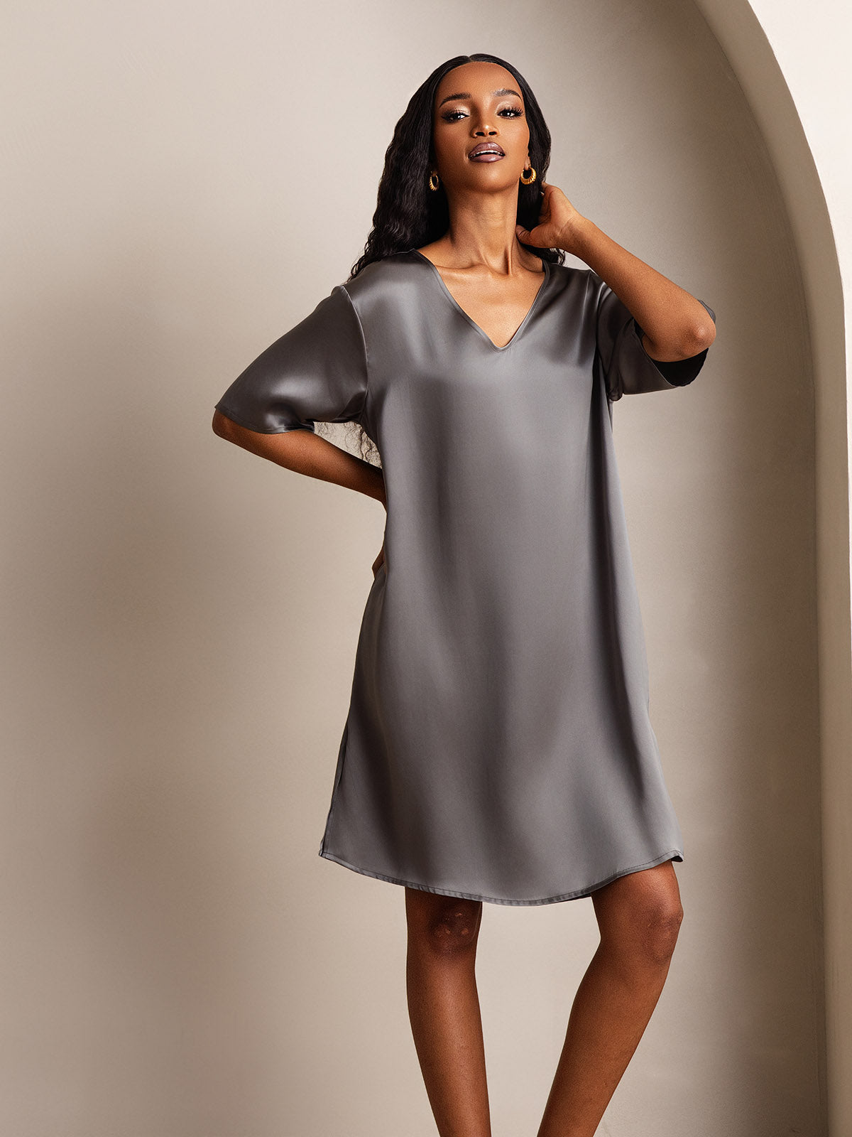 Pure Silk Half Sleeve V-neck Short Nightdress with Split Design