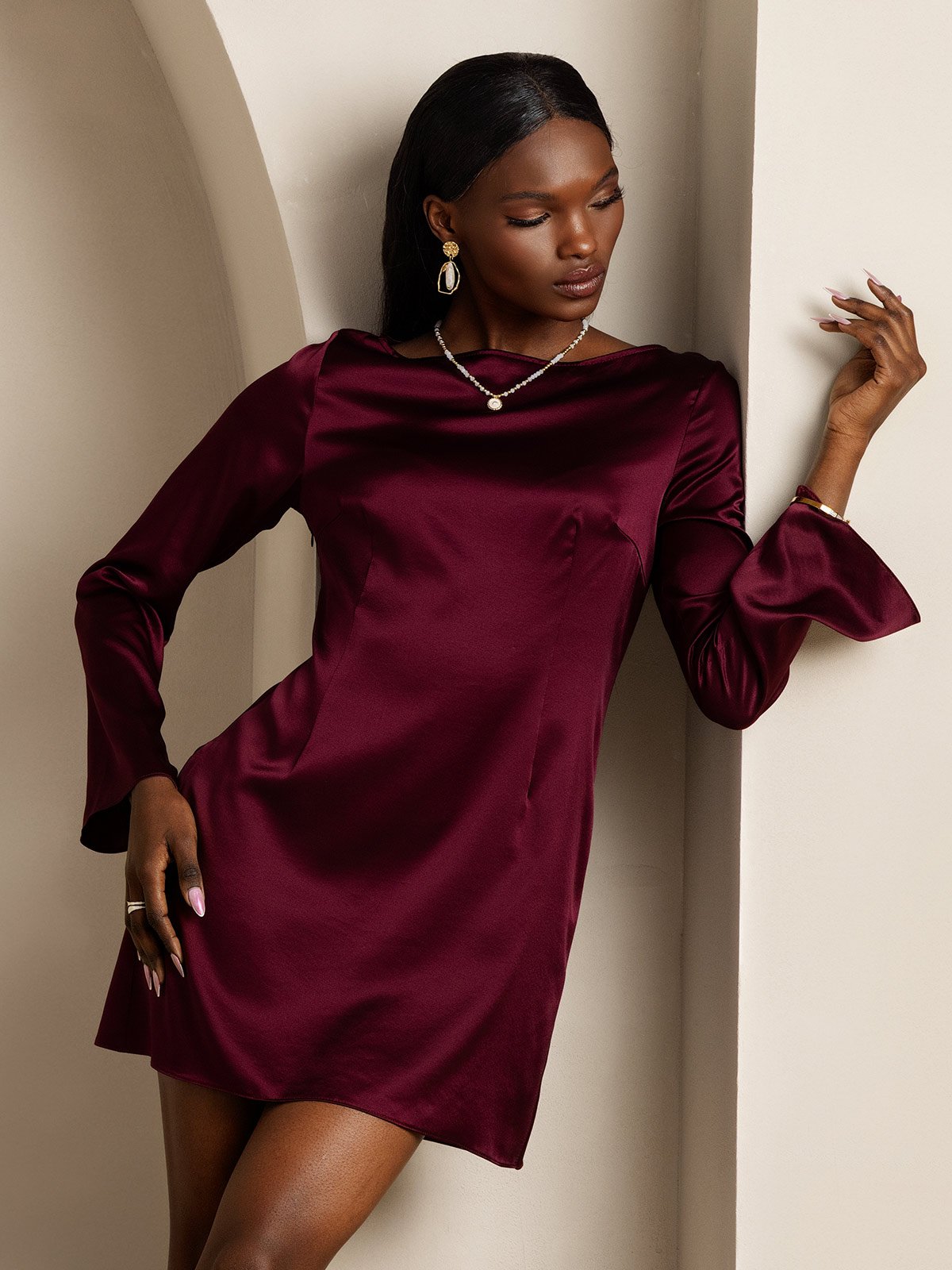 19Momme Silk Long Sleeve Boat Neck Short Dress